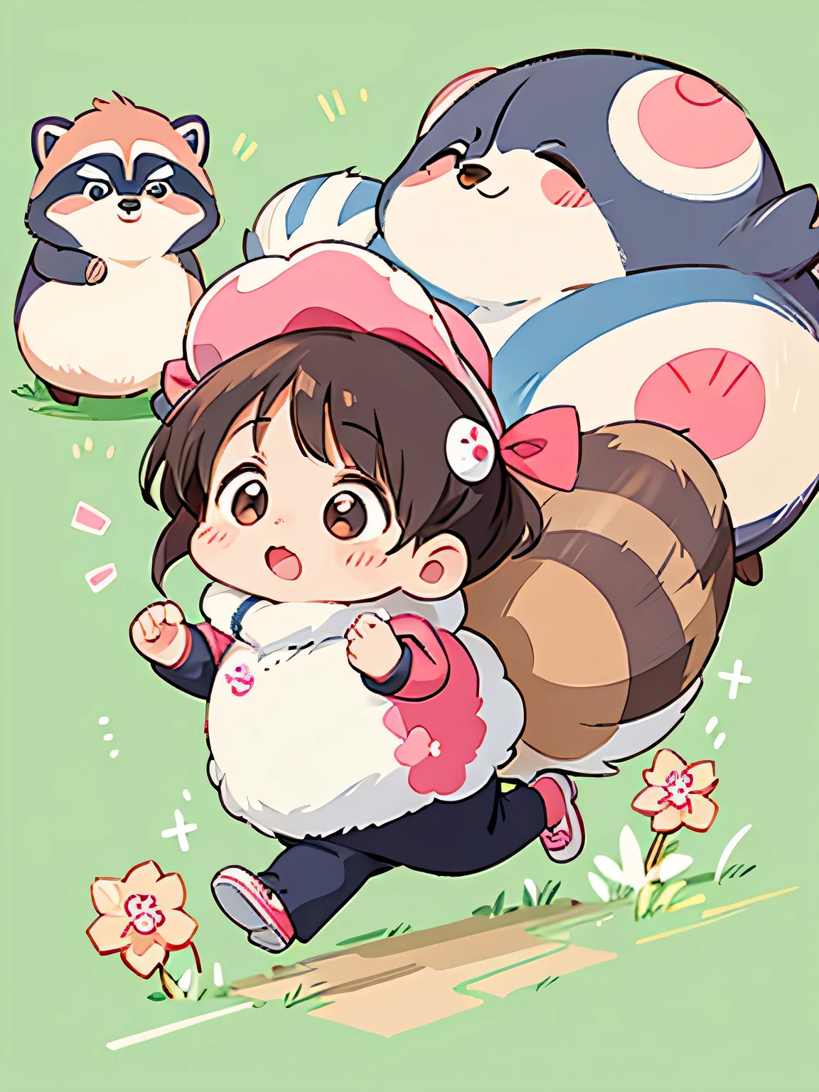 Momoko Sakura style, Kawaii Design, Chibi, Running together、Lots of cute raccoons、Playing with raccoon dogs