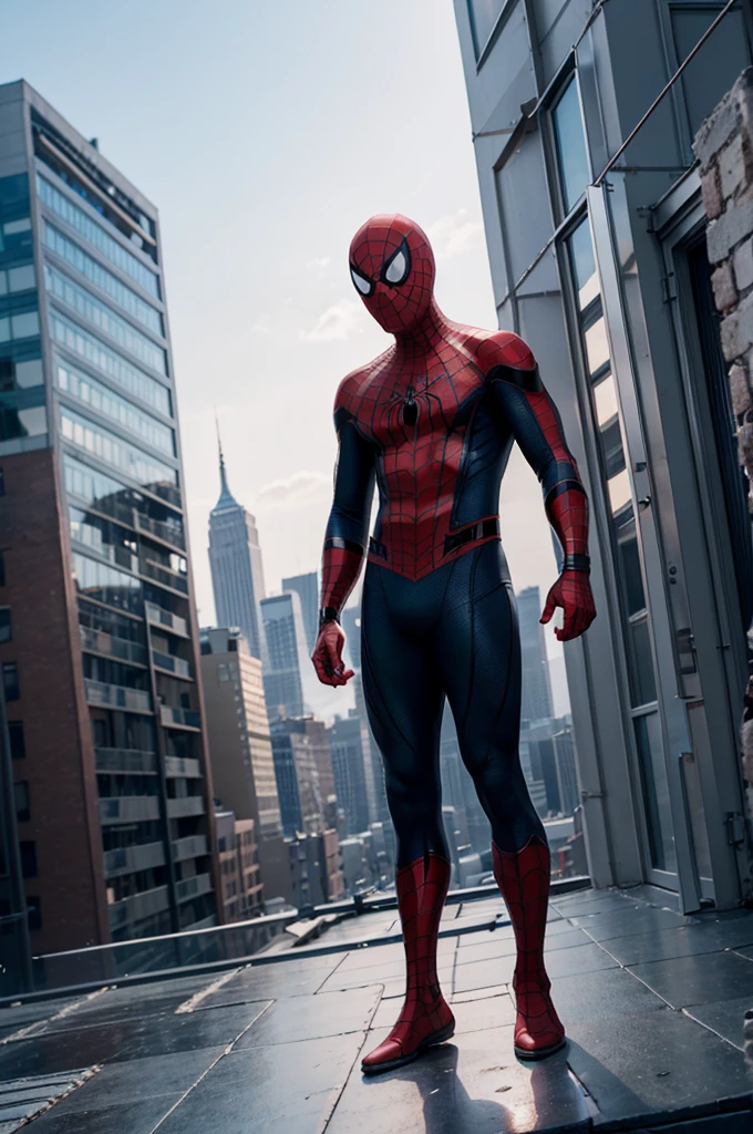 beautiful detail, best quality, 8k, highly detailed face and skin texture, high resolution, spider-man standing on rooftop with building view, full body, sharp focus