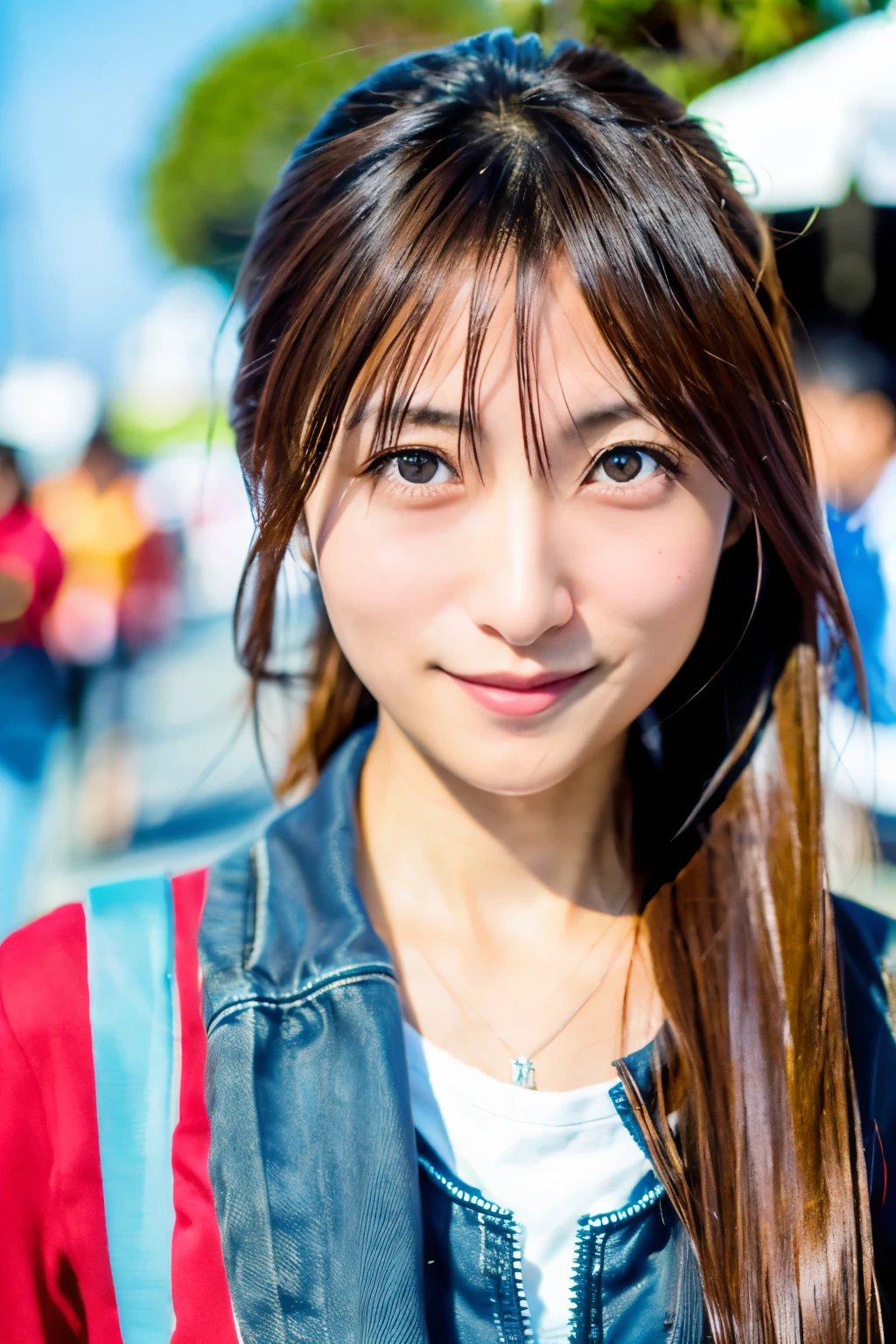 Masterpiece, 8K, high quality, high resolution, skinny Japanese woman, 30 years old, (detailed face, detailed eyes), running at full speed along the seaside street, a photo capturing a cool moment