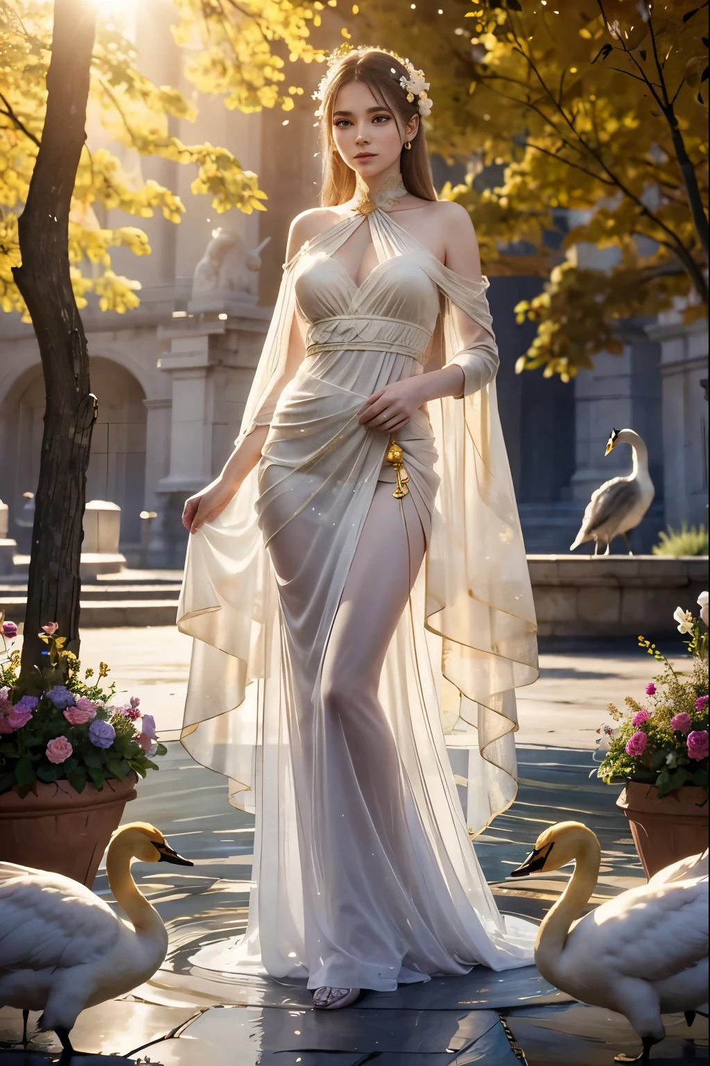 Identical perfect eyes, Flowers like castles from a golden spring tower over a beautiful Lady fare, in the spring of eternal sun she bathes her alabaster form to a symphony of trumpeter swans the flay in the sunbeam shy of assure and cotton cloud A extreme 90 meters long shot octane render, high quality hyperdetailed 24k photorealistic, dehaze