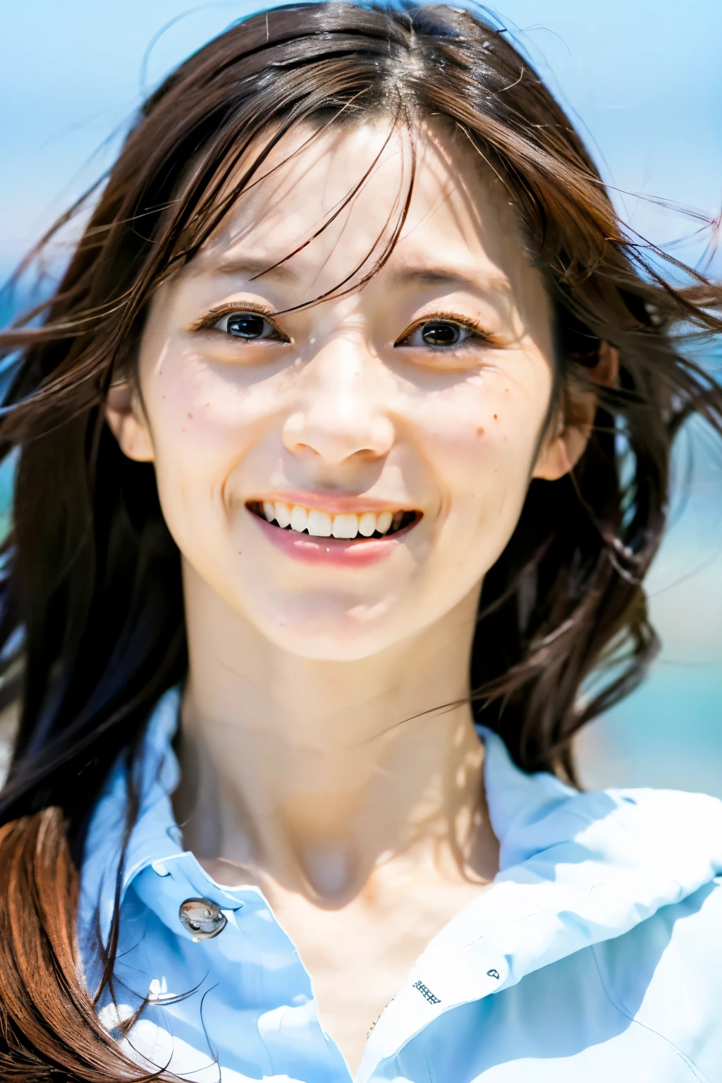 Masterpiece, 8K, high quality, high resolution, skinny Japanese woman, 30 years old, (detailed face, detailed eyes), running at full speed along the seaside street, a photo capturing a cool moment