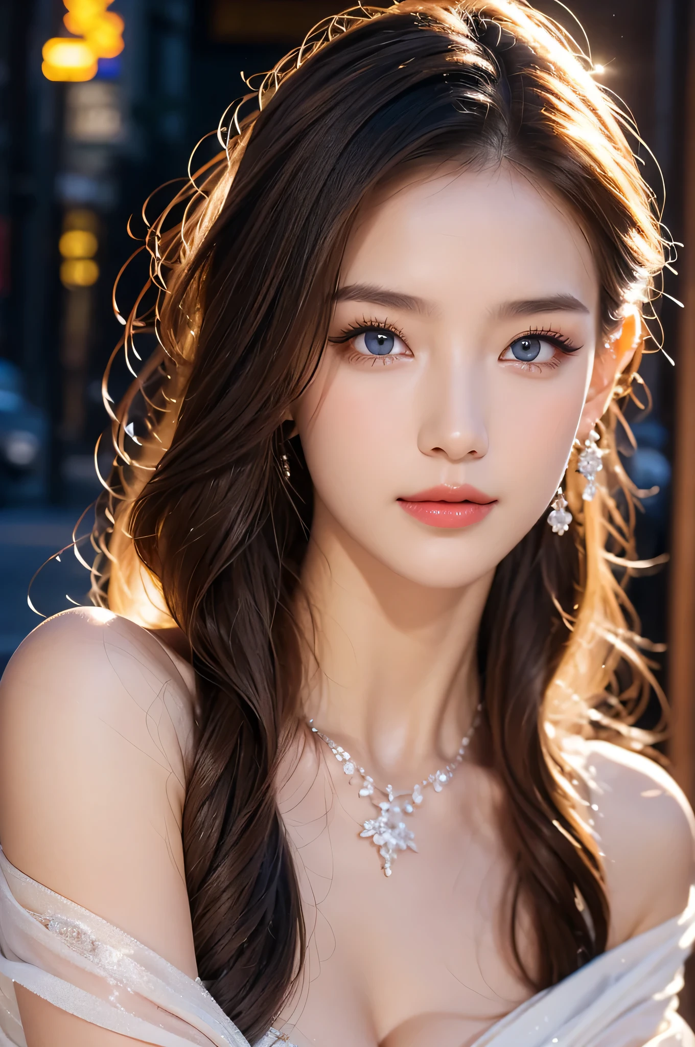 High-quality work，Realistic works，Super premium graphics，8K HD CG works，high quality graphics，High-definition and exquisite CG works，10x pixels，Ultra-fine details：1.1，Advanced technical details：1.1Realistic photo effects，Interior lighting effects：1.5，natural soft light：1.5. Light effect（Virtual light effects：1.8），Ultra-high resolution，shining dress，sliver long hair，silber hair，transparenthair，high detailed hair（Quality hair details：1.1）Clear eyes，Double eyelids look good，Sharp eye makeup, Create exquisite eyelash makeup, tthin eyebrows, Ultra-detailed eyes，a tall nose, lovely red lips, rosey cheeks, With delicate makeup on her face , pretty face, The face shape is perfectly proportioned,（Advanced facial details：1.1）Urban beautiful girl college student, masterpiece, light makeup, red lips, silver hair, messy long hair, street background, beautiful, elegant. super fine details, master works, authentic texture, cinematic lighting realism, perfect job, 16K, hd, exquisite features,blue eyes、japanese idol、Beautiful Face、cute smile、brown hair、beautiful hair、ponytail、glamorous、 big breasts、erect nipples、Oily muscle、shiny skin、tanned skin、Black glowing skin、Sexy knitted sweaters, bright big eyes, smooth skin, earrings, necklace, tattoo, ，Women's artwork，Dress full body video，Reality，Amazing Cleavage，My eyes are very bright today
