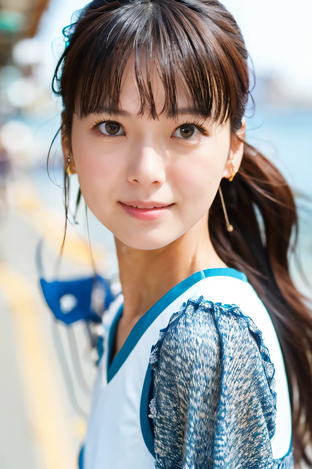 Masterpiece, 8K, high quality, high resolution, skinny Japanese woman, 30 years old, (detailed face, detailed eyes), running at full speed along the seaside street, a photo capturing a cool moment