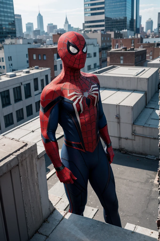 beautiful detail, best quality, 8k, highly detailed face and skin texture, high resolution, spider-man standing on rooftop with building view, full body, sharp focus