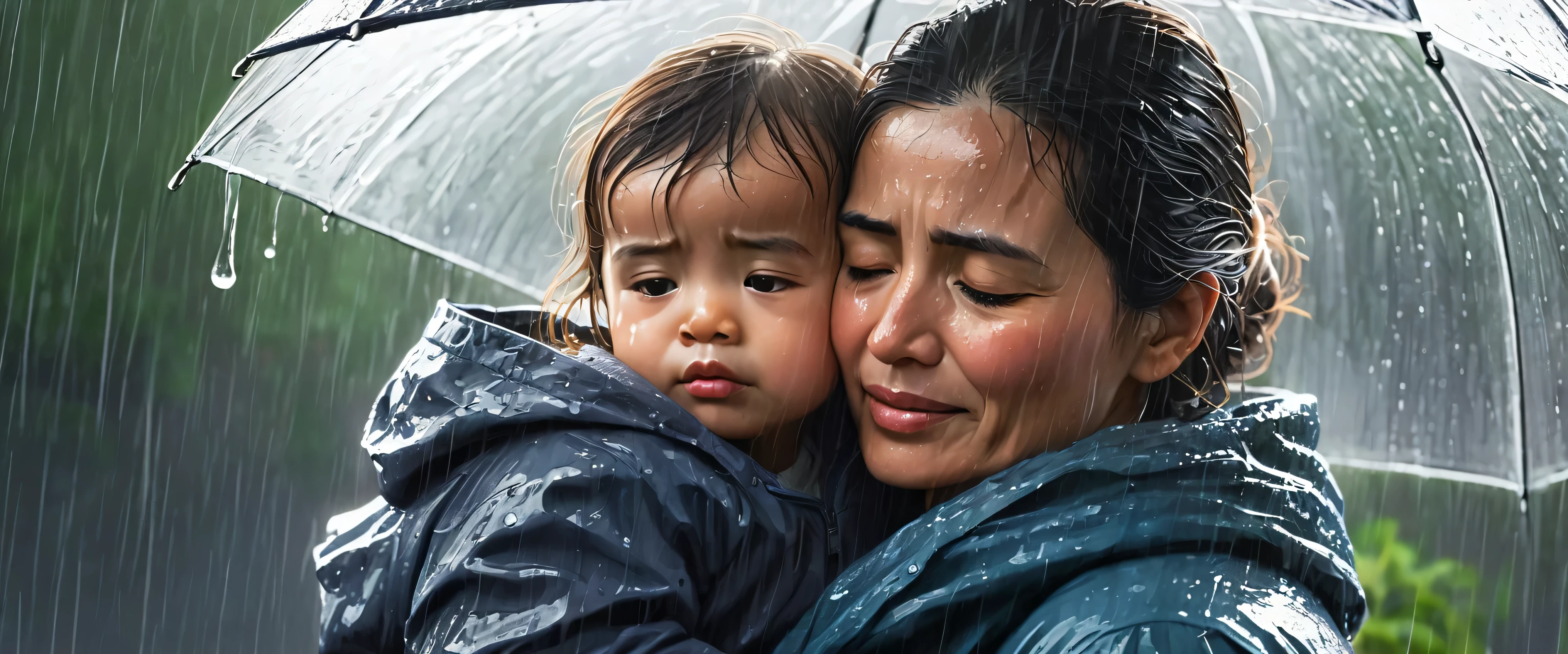 illustration features a mother in simple attire sheltering her from a heavy rainstorm. The mother's face radiates warmth and calmness despite the harsh weather. The , possibly a ddler, is cradled in the mother's arms, looking up with trust and comfort.
