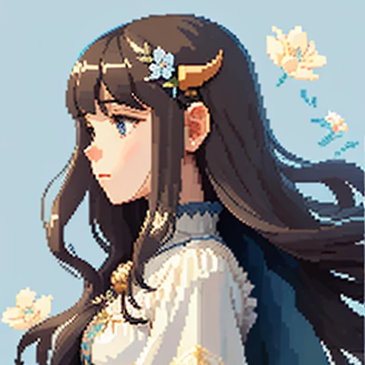 Pale light blue antique dress、Brown long-haired girl、Blunt bangs、blue eyes、horn、Taurus、goddess、 profile、Pixel art、Pixel Art Illustration、pixels、Plain background、Upper body 、For icons、pixels_Art Book,Composition centered on the face、Straight face、Floral hair ornament、pixels、Game-style illustration、Pixel art、pixels、Light shading、Fluttering hair、Back hair fluttering in the wind、pixels、Pixel art、Pixel art
