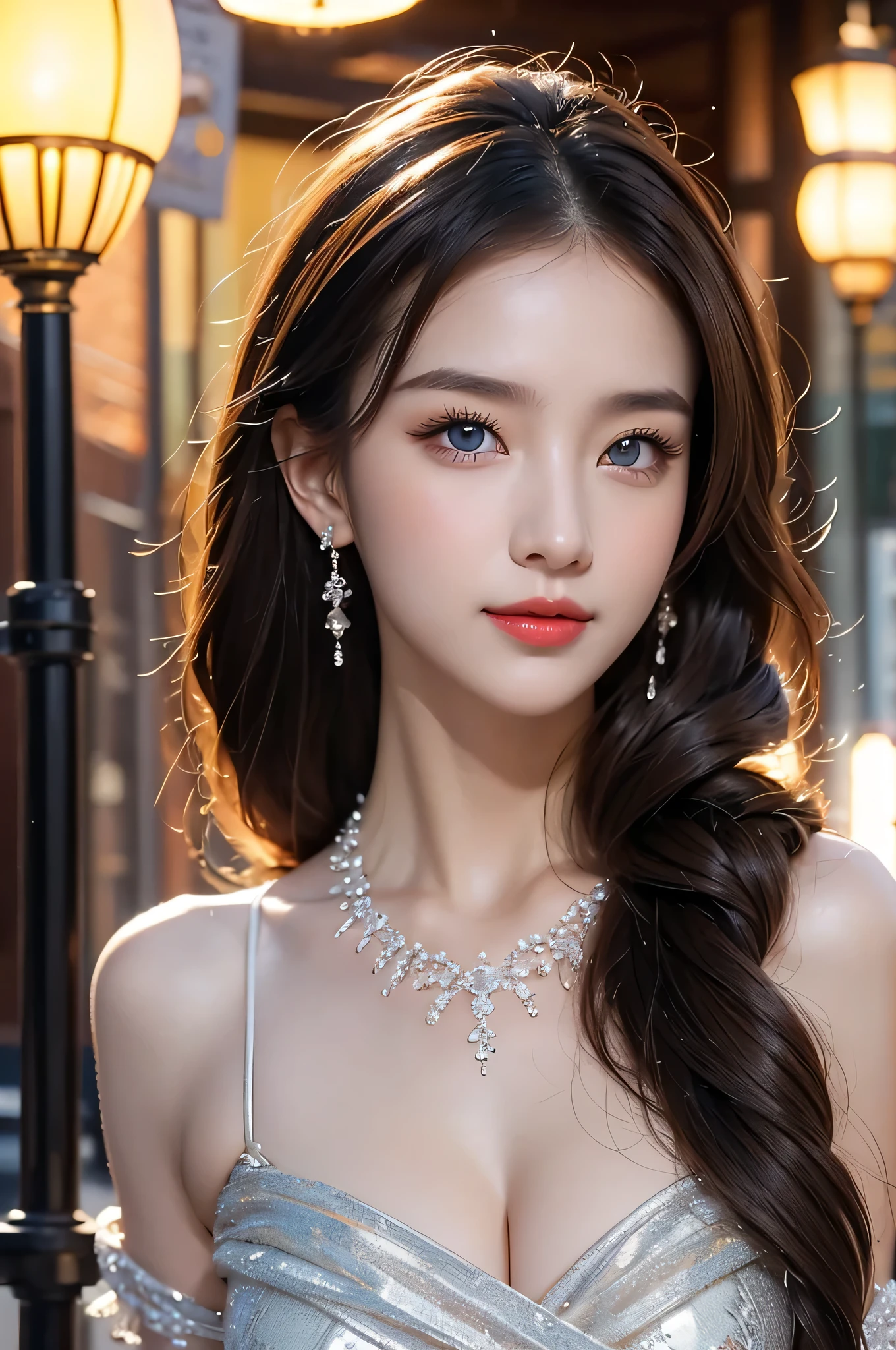 High-quality work,Realistic works,Super premium graphics,8K HD CG works,high quality graphics,High-definition and exquisite CG works,10x pixels,Ultra-fine details:1.1,Advanced technical details:1.1Realistic photo effects,Interior lighting effects:1.5,natural soft light:1.5. Light effect(Virtual light effects:1.8),Ultra-high resolution,shining dress,sliver long hair,silber hair,transparenthair,high detailed hair(Quality hair details:1.1)Clear eyes,Double eyelids look good,Sharp eye makeup, Create exquisite eyelash makeup, tthin eyebrows, Ultra-detailed eyes,a tall nose, lovely red lips, rosey cheeks, With delicate makeup on her face , pretty face, The face shape is perfectly proportioned,(Advanced facial details:1.1)Urban beautiful girl college student, masterpiece, light makeup, red lips, silver hair, messy long hair, street background, beautiful, elegant. super fine details, master works, authentic texture, cinematic lighting realism, perfect job, 16K, hd, exquisite features,blue eyes、japanese idol、Beautiful Face、cute smile、brown hair、beautiful hair、ponytail、glamorous、 big breasts、erect nipples、Oily muscle、shiny skin、tanned skin、Black glowing skin、Sexy knitted sweaters, bright big eyes, smooth skin, earrings, necklace, tattoo, ,Women's artwork,Dress full body video,Reality,Amazing Cleavage,My eyes are very bright today