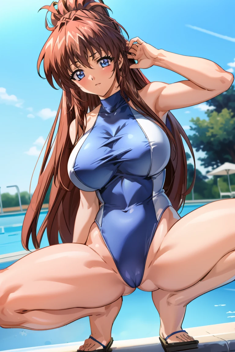 masterpiece, highest quality,Perfect Anatomy,Aoikan, 1 girl,(smile)、Open your mouth、From below、High leg swimsuit、Poolside、Firm Skin、Idol sculpture、(Spread your legs、Squat)、