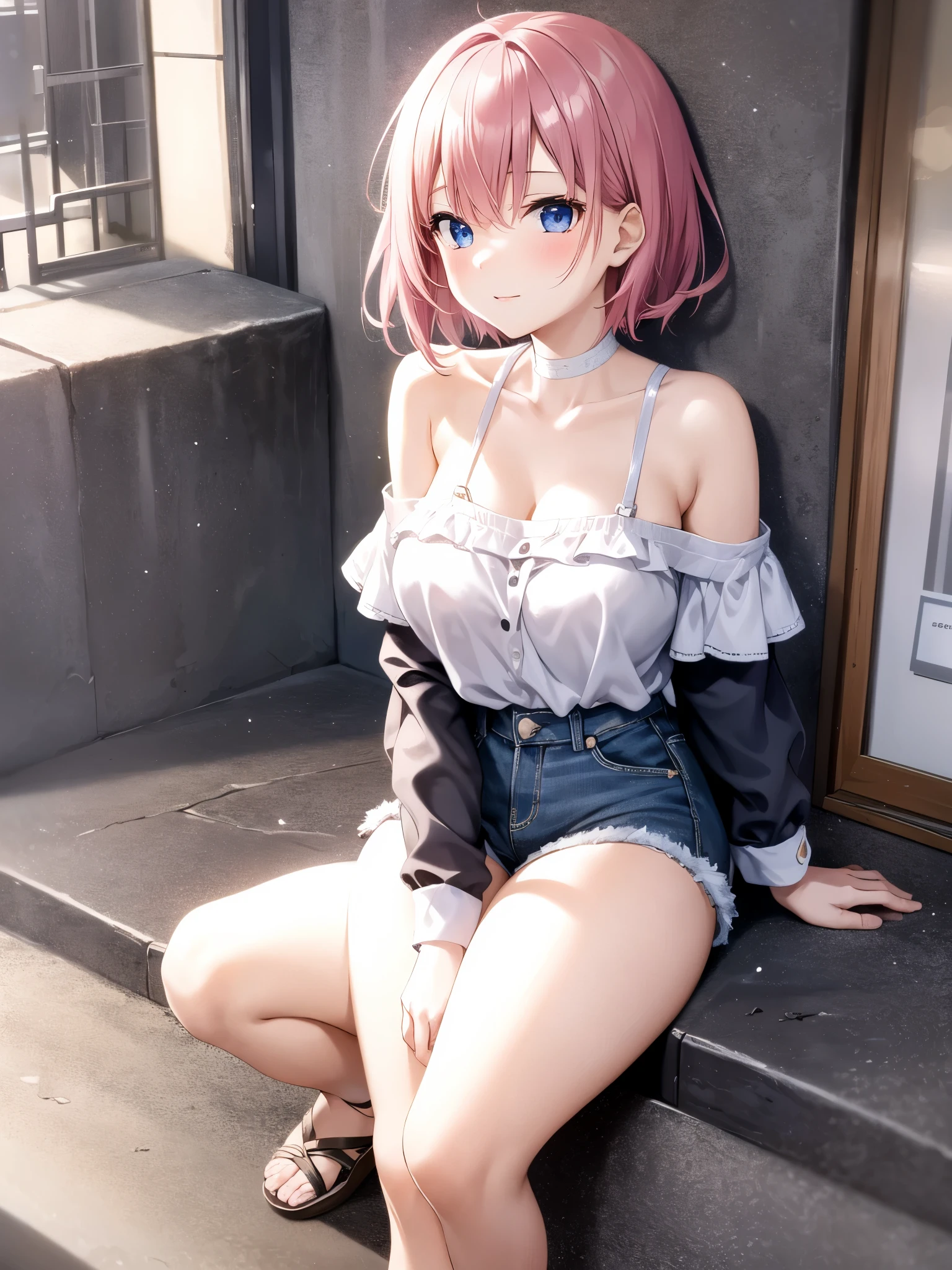 1 girl, alone, nakano ichika, Pink Short Hair, (naked:1.3), (White apron), Big Breasts, Cleavage, Thighs, Cafe Background, (blush:1.2), masterpiece, best quality, very aesthetic anime,absurdres,BREAK,(breast focus:1.2),1 girl,(bent forward:1.2),(Very Cheerful expression:1.1) ,golden eyes,BREAK,(creave),(Pale pink hair),BREAK,A girly outfit featuring short denim shorts paired with a fluttery off-shoulder top. The design emphasizes femininity and playful charm. The denim shorts are classic and form-fitting, providing a casual yet chic base. The off-shoulder top is made from a lightweight, airy fabric, possibly in a pastel color or with floral prints, enhancing its girly appeal. It features ruffles or flounces that add movement and a soft, romantic touch. Accessories might include a delicate choker, simple bracelets, and sandals or ballet flats that complement the overall look. This ensemble combines the relaxed vibe of denim with the elegance of an off-shoulder design, perfect for a summer day or a casual outing where style and comfort are key.