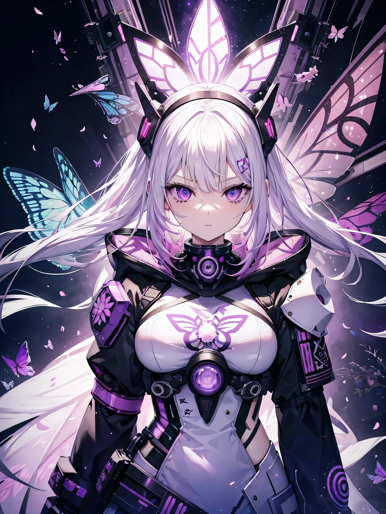 1girl,(platinum white and purple_hair, cyberpunk, Harajuku-inspired hooded cyberpunk battle armor:1.1),(zentangle, mandala, tangle, entangle:0.6),(fractal, atmospheric, psychedelic, aesthetic,,cosmic, colorful, dreamlike art),the most beautiful form of chaos,brutalist designed, cherry blossoms and butterflies blowing in the wind