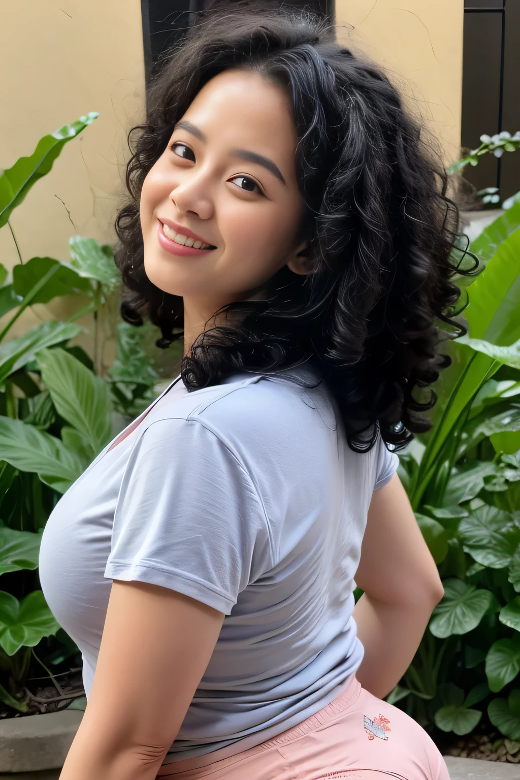 Malay girl wearing sexy pink color panties, wearing loose light blue t-shirt, portrait photography, mid shot photo, ultra detail, professional photograph with professional lighting, smile, at the garden, outdoor background, curly hair, sexy seducing pose, curvy body, butt close-up angle