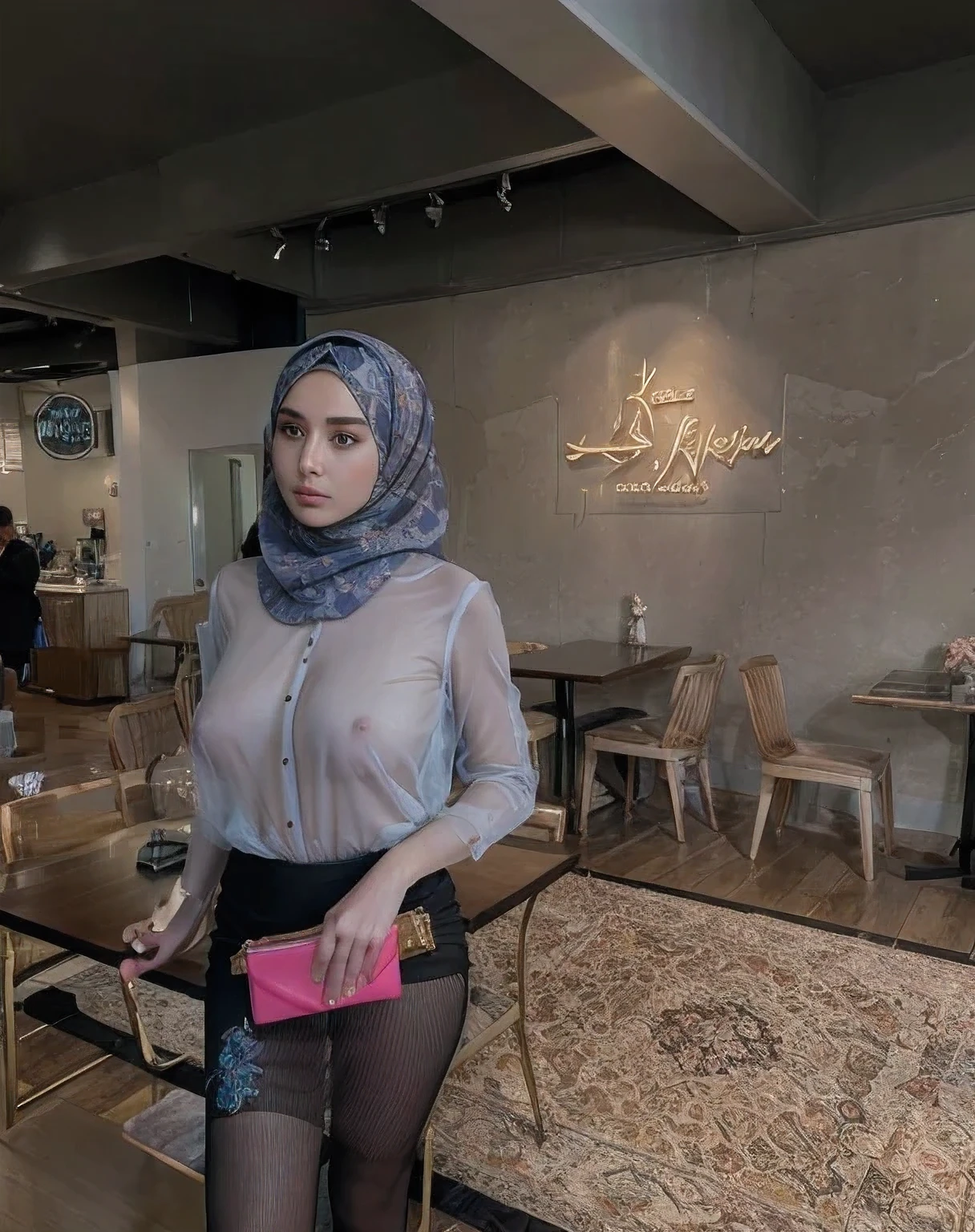 best quality)) ((masterpiece)), intricate detail, ((almost )), sharp focus, professional, realistic, real life, hyperreal, photorealistic, fine detail, best quality, very Detailed CG unity 8k, see through dress, transparent dress , big breasts , tight dress,hijab girl, sexy thighs, and , thin dress , perfect body , transparent body, Breast about To burst out from her clothes,