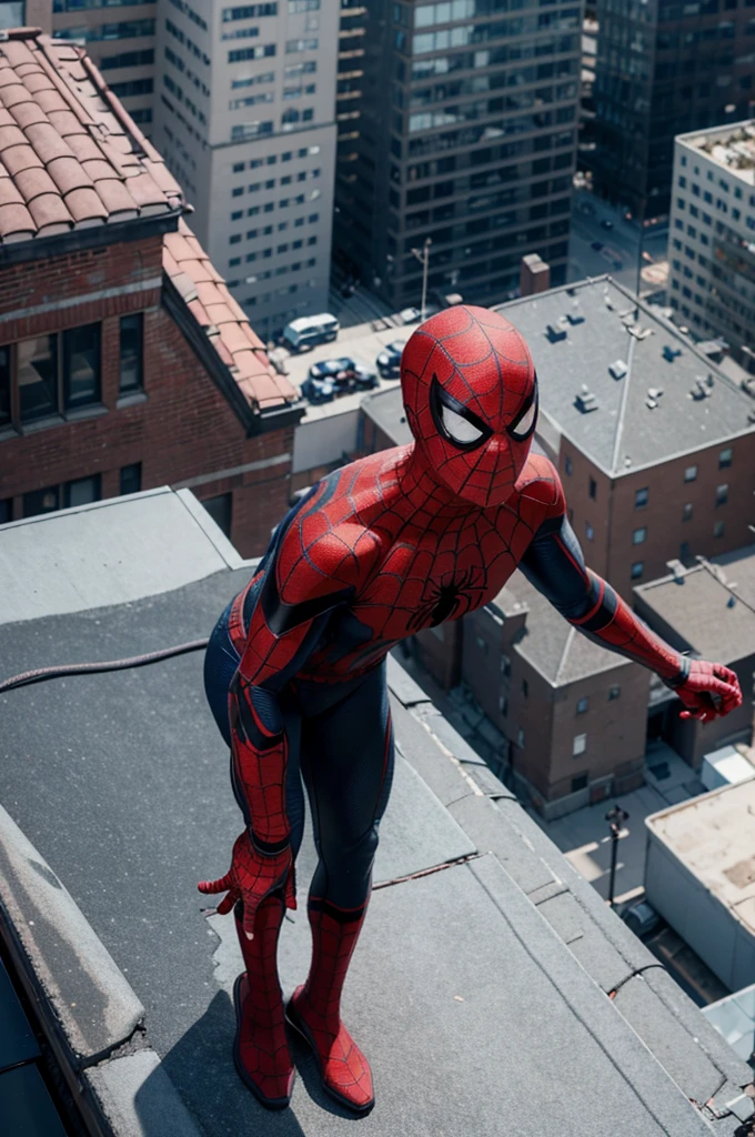beautiful detail, best quality, 8k, highly detailed face and skin texture, high resolution, spider-man standing on rooftop with building view, full body, sharp focus