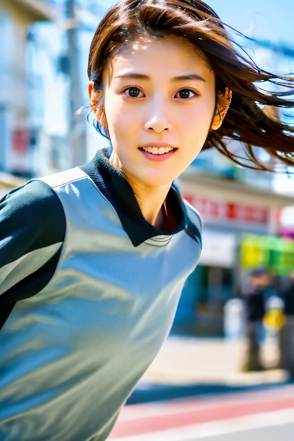 Masterpiece, 8K, high quality, high resolution, skinny Japanese woman, 30 years old, (detailed face, detailed eyes), running at full speed along the seaside street, a photo capturing a cool moment