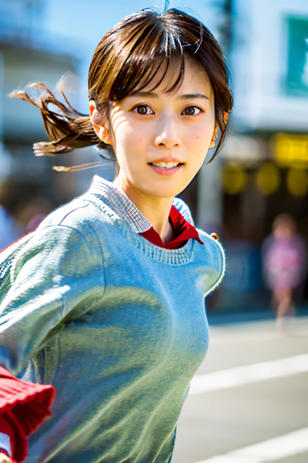 Masterpiece, 8K, high quality, high resolution, skinny Japanese woman, 30 years old, (detailed face, detailed eyes), running at full speed along the seaside street, a photo capturing a cool moment