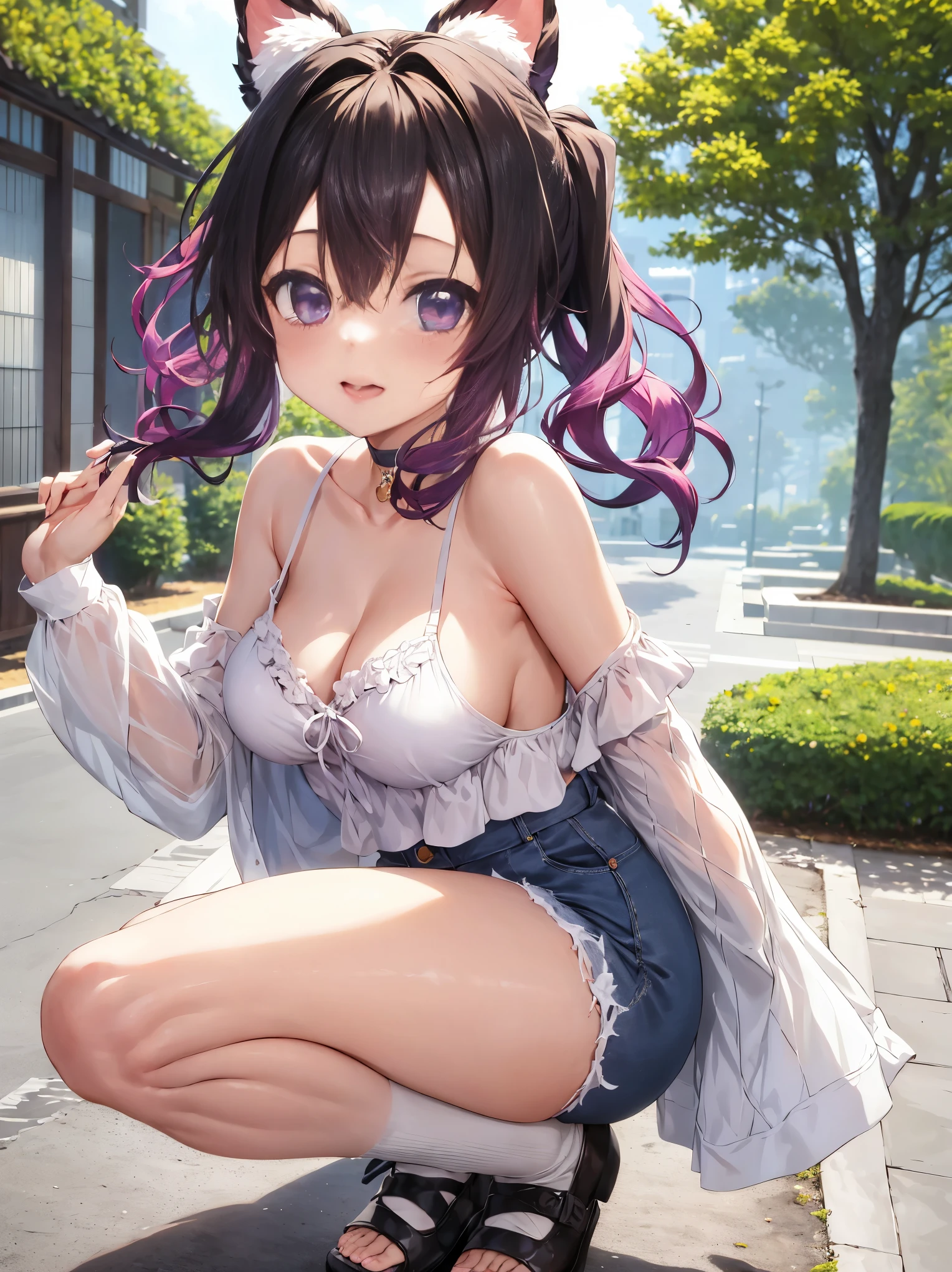(masterpiece, highest quality:1.2), 1 girl, alone, Akane Kurokawa, 1 girl, dark blue hair, medium hair, One-length bob, Add some bangs to brighten your face, Hair ends remain thick overall. , blue eyes, green eyes, blue tie, sexy pants、E cup breasts、small nipples、small areola、Breasts are fully visible