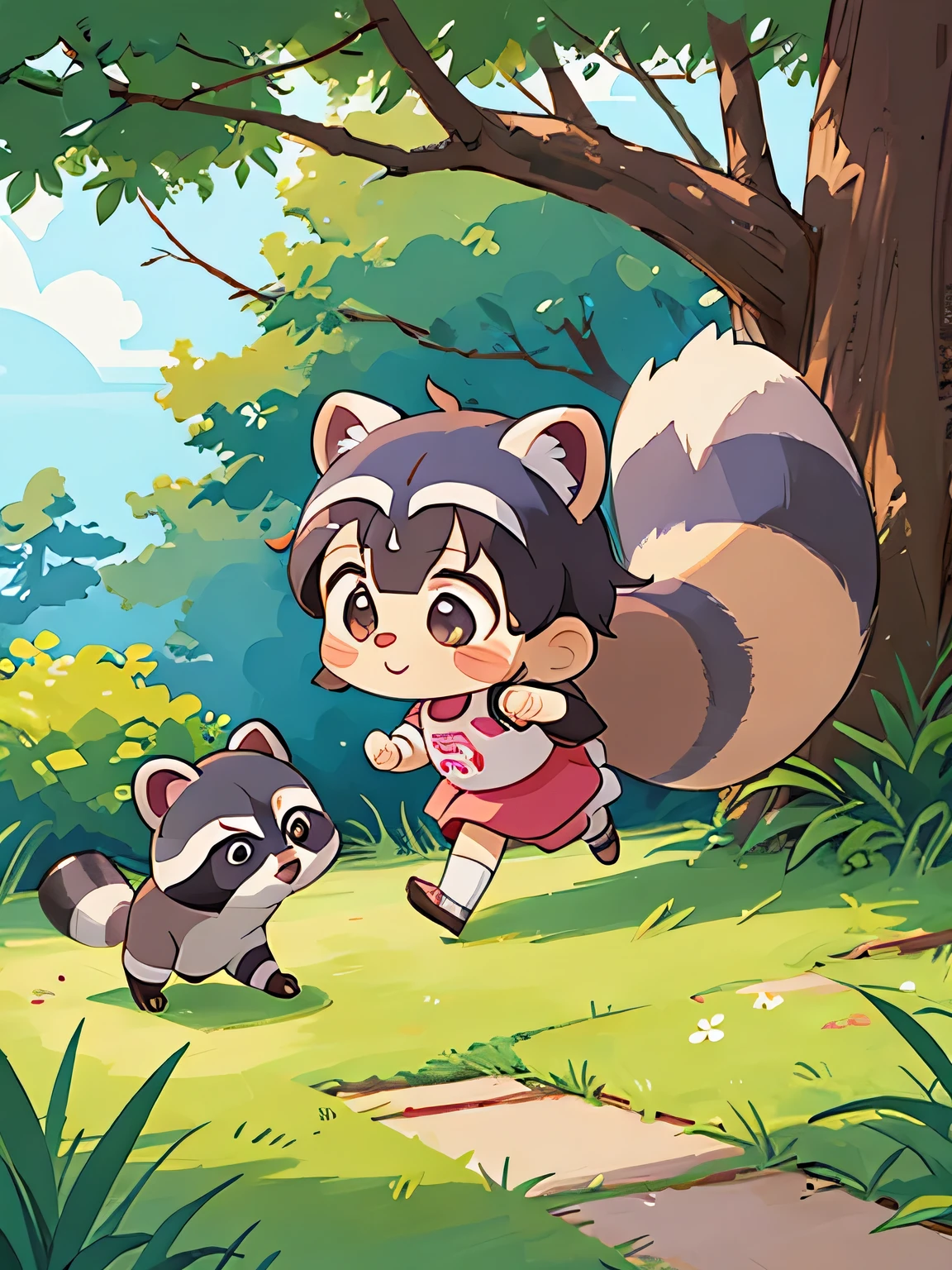 Momoko Sakura style, Kawaii Design, Chibi, Running together、Lots of cute raccoons、Playing with raccoon dogs、(((Raccoon's Balls)))