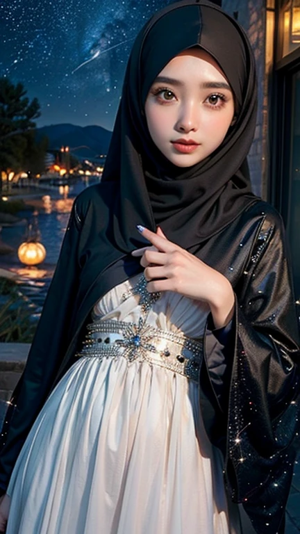 Create a gorgeous hijab girl in a stunning scene of starry night full of fireflies, she is like an angel, give more attention in a detail of face and hijab and finger.