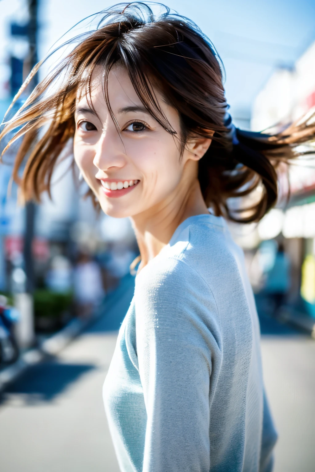 Masterpiece, 8K, high quality, high resolution, skinny Japanese woman, 30 years old, (detailed face, detailed eyes), running at full speed along the seaside street, a photo capturing a cool moment