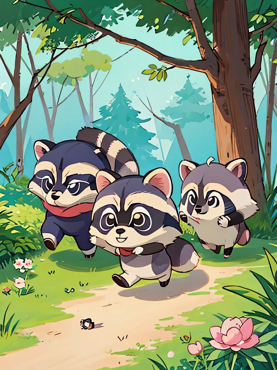 Momoko Sakura style, Kawaii Design, Chibi, Running together、Lots of cute raccoons、Playing with raccoon dogs、(((Raccoon&#39;s Balls)))