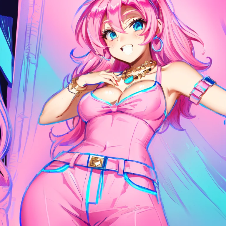 A smug narcissistic pink haired woman wearing a pink bra and blue pants and lots of jewelry flaunting herself