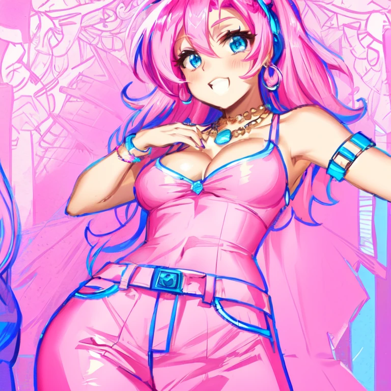 A smug narcissistic pink haired woman wearing a pink bra and blue pants and lots of jewelry flaunting herself