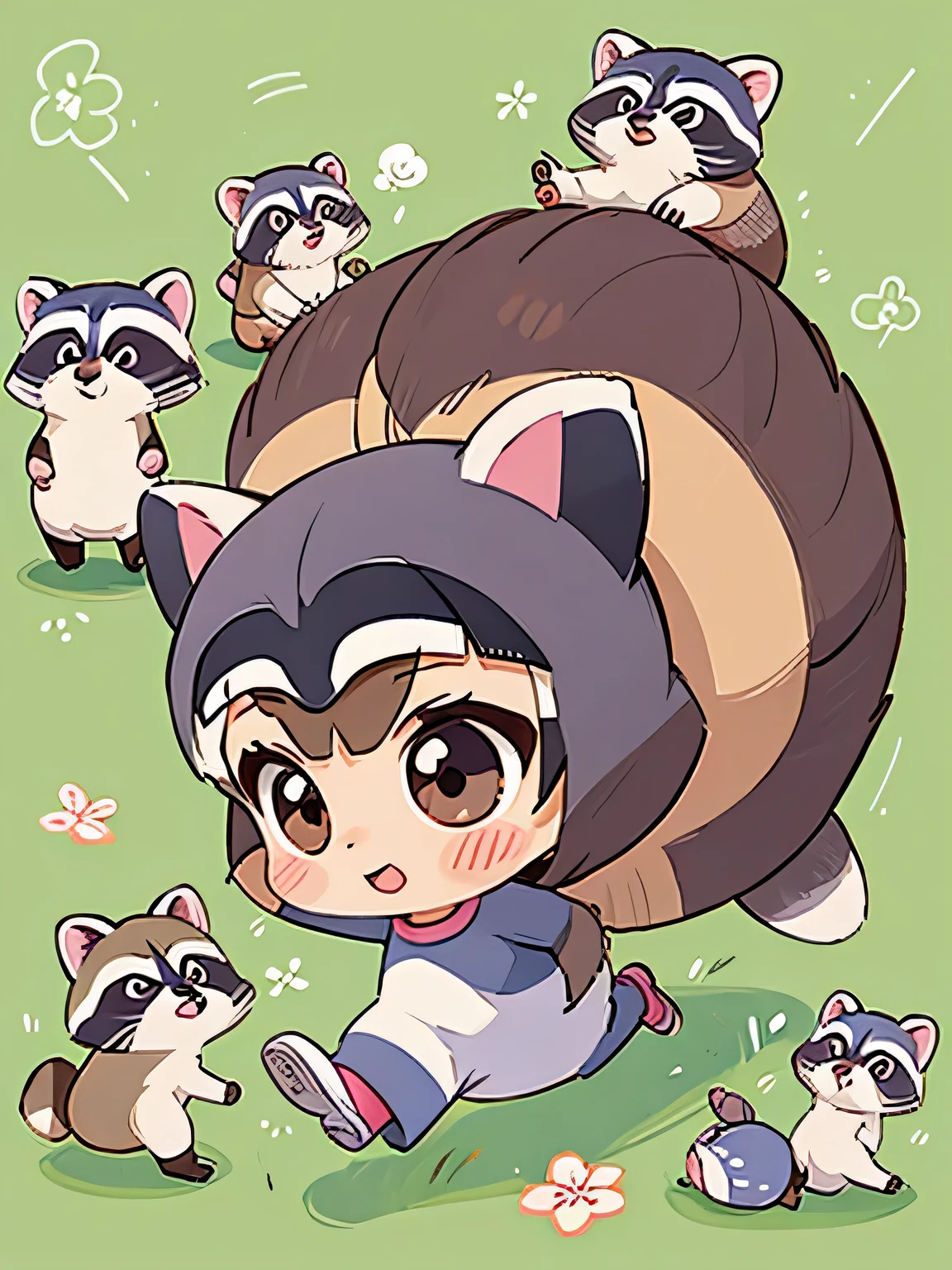 Momoko Sakura style, Kawaii Design, Chibi, Running together、Lots of cute raccoons、Playing with raccoon dogs、(((Raccoon&#39;s Balls)))