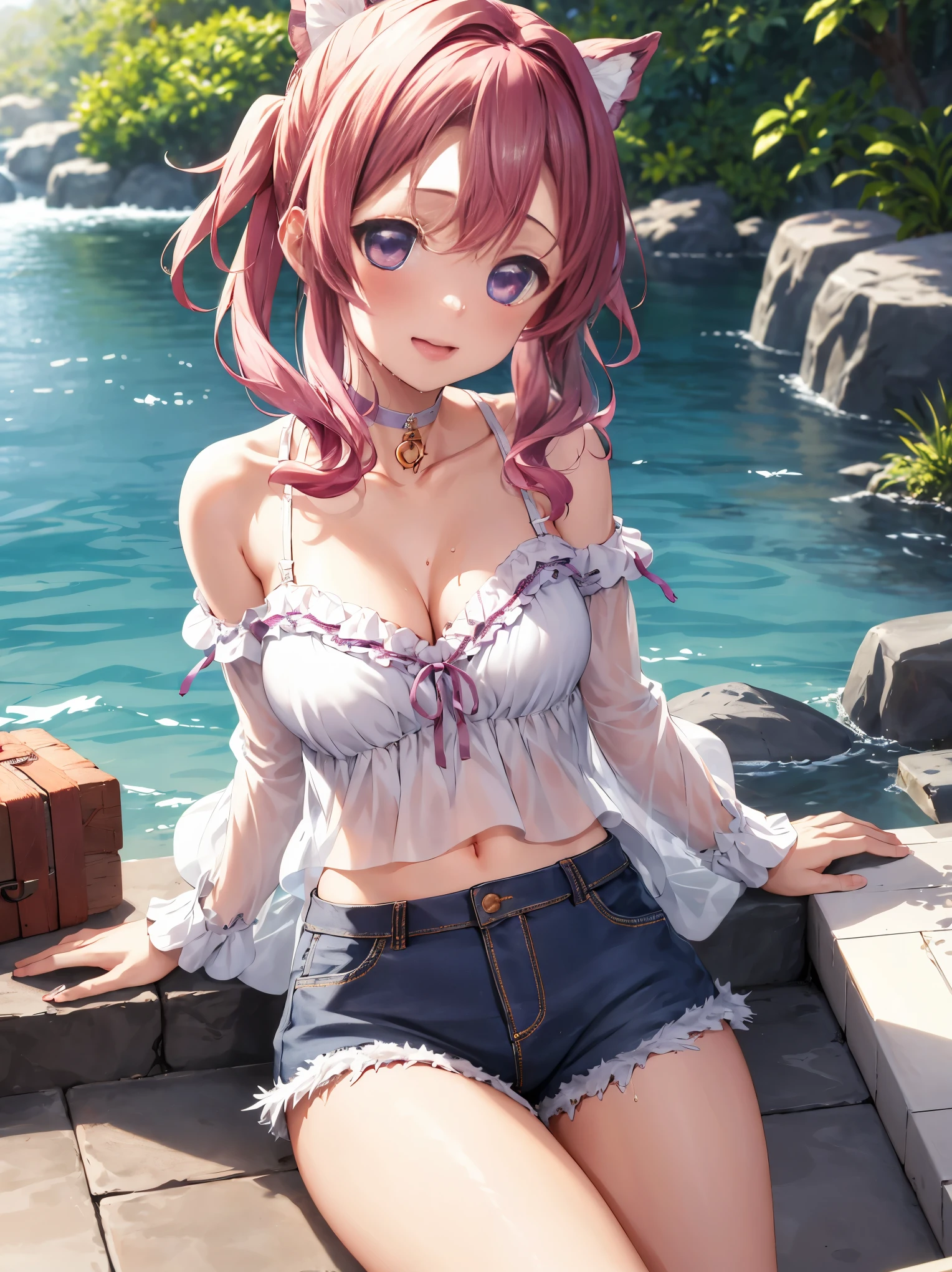 masterpiece, highest quality, High resolution, 1 girl, alone, kochou shinobu, Butterfly Hair Ornament, Purple eyes, Colorful Hair, short hair, Parted bangs,,Black jacket, Long sleeve, internal　1 girl, A light smile, Shiny skin, highest quality, Tabletop, (Game CG:1.4), Browsing Caution, Beautiful face and eyes in every detail,Big Breasts、Small lingerie,Spread your legs , touch yourself, Place your hands on your thighs, sexy, Beautiful body, Very detailed, blush, Drooling, Embarrassing, transformation, 1 girl, alone, 4K, wallpaper, White panties, Wet Panties, Wet body, Squirting, Cumming,  shout, liquid, Wet Panties, masterpiece, best quality, very aesthetic anime,absurdres,BREAK,(breast focus:1.2),1 girl,(bent forward:1.2),(Very Cheerful expression:1.1) ,golden eyes,BREAK,(creave),(Pale pink hair),BREAK,A girly outfit featuring short denim shorts paired with a fluttery off-shoulder top. The design emphasizes femininity and playful charm. The denim shorts are classic and form-fitting, providing a casual yet chic base. The off-shoulder top is made from a lightweight, airy fabric, possibly in a pastel color or with floral prints, enhancing its girly appeal. It features ruffles or flounces that add movement and a soft, romantic touch. Accessories might include a delicate choker, simple bracelets, and sandals or ballet flats that complement the overall look. This ensemble combines the relaxed vibe of denim with the elegance of an off-shoulder design, perfect for a summer day or a casual outing where style and comfort are key.