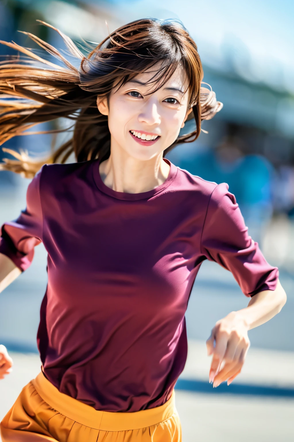 Masterpiece, 8K, high quality, high resolution, skinny Japanese woman, 30 years old, (detailed face, detailed eyes), running at full speed along the seaside street, a photo capturing a cool moment