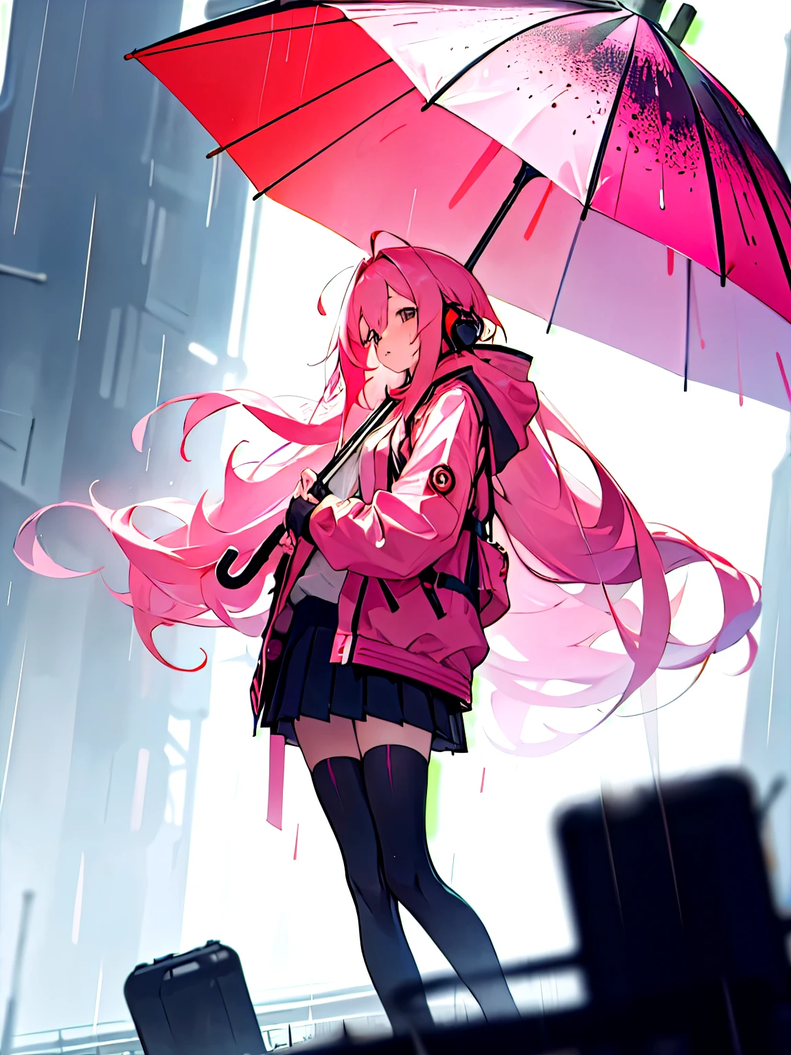 (masterpiece, best quality),1girl with long pink hair standing in a scifi-fantasy city holding an umbrella under the rain, short pleated skirt, short jacket, stockings