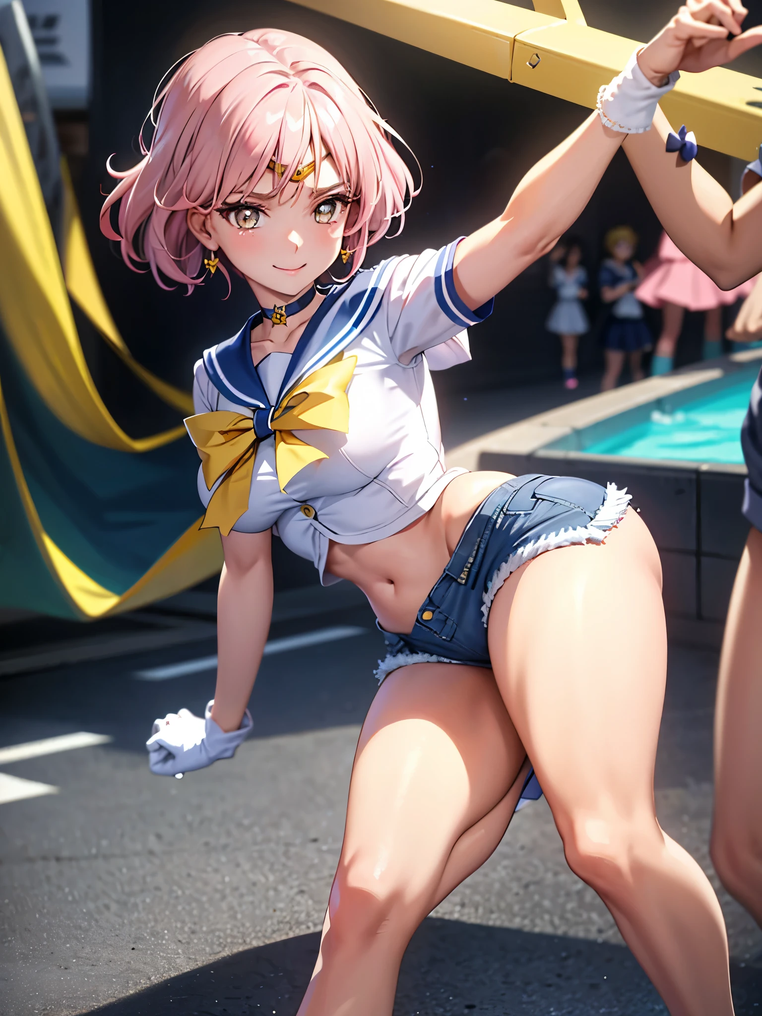 、(highest quality:1.1), (masterpiece:1.4), (Absurd:1.0), Portraiture, close,
1, Sailor Uranus, KizukiAi,, Big and ample breasts, Aqua Eye, Blonde, Sailor Warrior Uniforms, Sailor collar, Chest Bow, Yellow Ribbon, Attractive skirt, White elbow gloves, By the pool, (smile:1.2), Looking at the audience, Erect nipples、Showing panties、Ultra mini skirt、Micro Panties、(Dynamic pose:1.2)、(Downから見る:1.2)、Camel Toe.Between the legs、belly button、Spread your legs.(Browsing Caution:1.2)、(Down :1.2)、Between the legsフォーカス、Dynamic Angle、masterpiece, best quality, very aesthetic anime,absurdres,BREAK,(breast focus:1.2),1 girl,(bent forward:1.2),(Very Cheerful expression:1.1) ,golden eyes,BREAK,(creave),(Pale pink hair),BREAK,A girly outfit featuring short denim shorts paired with a fluttery off-shoulder top. The design emphasizes femininity and playful charm. The denim shorts are classic and form-fitting, providing a casual yet chic base. The off-shoulder top is made from a lightweight, airy fabric, possibly in a pastel color or with floral prints, enhancing its girly appeal. It features ruffles or flounces that add movement and a soft, romantic touch. Accessories might include a delicate choker, simple bracelets, and sandals or ballet flats that complement the overall look. This ensemble combines the relaxed vibe of denim with the elegance of an off-shoulder design, perfect for a summer day or a casual outing where style and comfort are key、