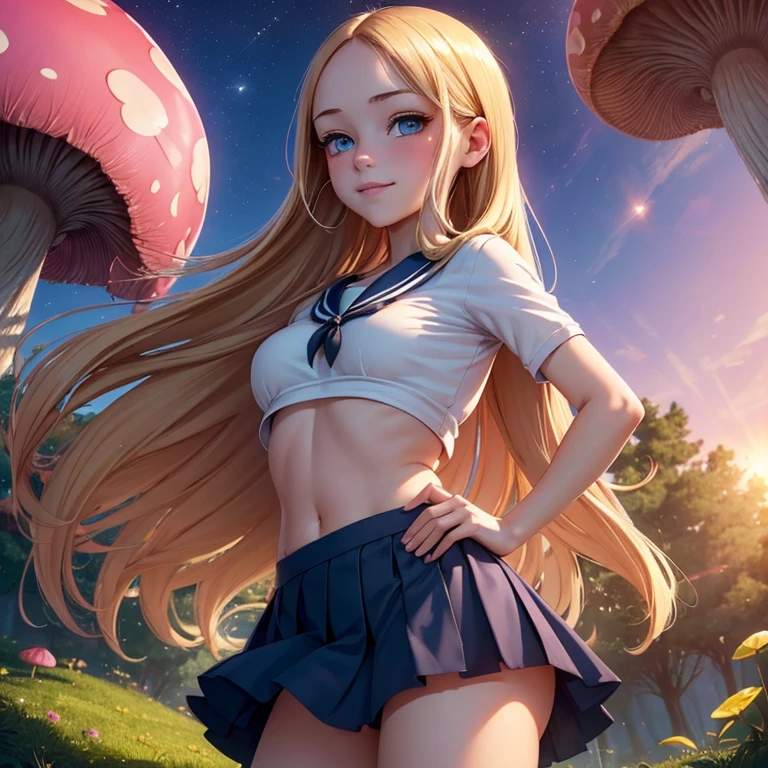 (masterpiece, best quality:1.4), (8K), Young blonde beauty, (((18 years old, neat girl))), detailed blue eyes, long eyelashes, blush, kind smile, upper body, sailor uniform top, crop top, underboob, small ass, slender thin legs, pink skirt, (looking at viewer), beautiful blonde hair, white-skinned, long hair, bangs, pigtails, (medium size breasts), (mushroom forest, celestial forest, beautiful and magnificent pink sunshine, majestic sky), colorful natural light)