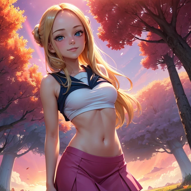 (masterpiece, best quality:1.4), (8K), Young blonde beauty, (((18 years old, neat girl))), detailed blue eyes, long eyelashes, blush, kind smile, upper body, sailor uniform top, crop top, underboob, small ass, slender thin legs, pink skirt, (looking at viewer), beautiful blonde hair, white-skinned, long hair, bangs, pigtails, (medium size breasts), (mushroom forest, celestial forest, beautiful and magnificent pink sunshine, majestic sky), colorful natural light)