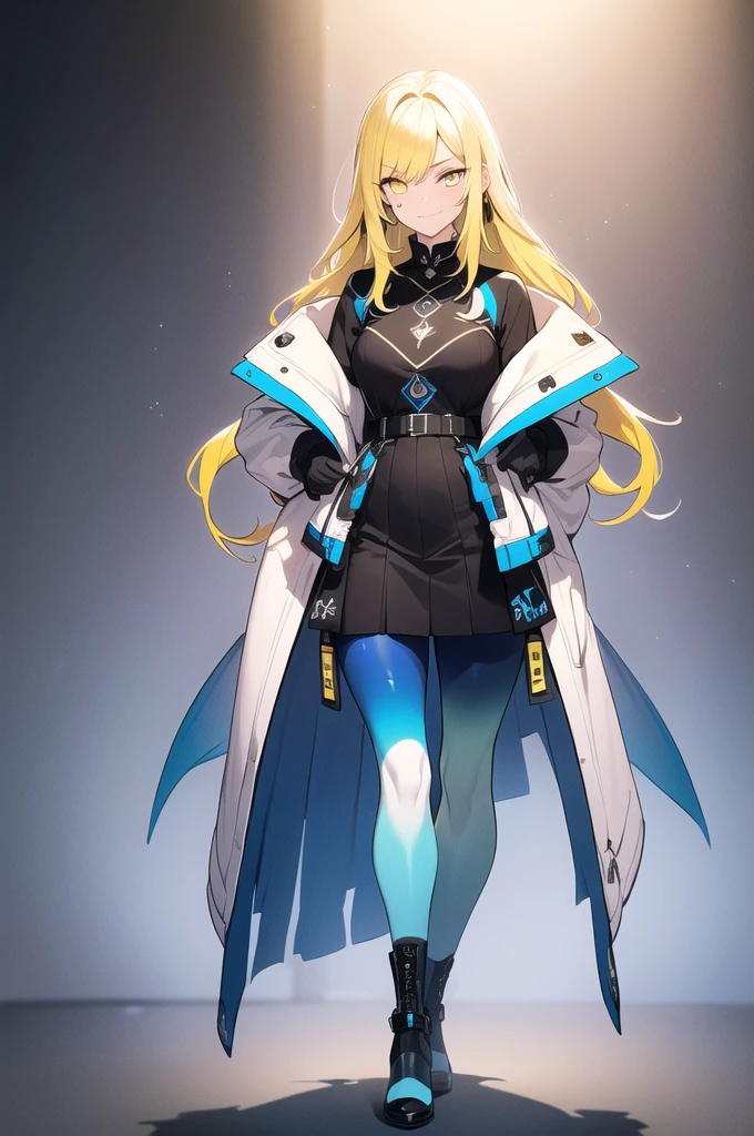 (blonde hair, very long hair, sidelocks), (eyes with a mix of yellow and blue irises:1.5), two-tone eyes, multicolored eyes gradient eyes, white and blue jacket with constellation prints, (best quality,4k,8k,highres,masterpiece:1.2), ultra-detailed, portraits, (HDR:1.1), (vivid colors:1.1), (studio lighting), (bokeh), (highly saturated colors), (soft lighting), (detailed background), (subtle shadows), (ethereal glow), (pastel color palette), (delicate details), (sublime beauty), (feminine charm), (crisp focus), (fine brushwork), (impeccable craftsmanship), (emotional depth), (captivating storytelling), (intriguing narrative), (impressive realism), (exceptional artistry), (masterpiece-worthy), (awe-inspiring), blonde hair, very long hair, sidelocks, (eyes with a mix of yellow and blue irises:1.5), (two-tone eyes:1.5), multicolored eyes (gradient eyes:1.5), white and blue jacket with constellation prints, metallic skirt, (smug:1.5), (smirk), naughty face, mischievous, futuristic clothing, science fiction setting, high-tech, glowing eyes, (unicursal hexagram-shaped irises), (full body:1.5)