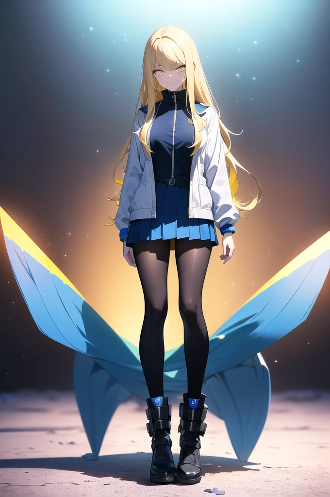 (blonde hair, very long hair, sidelocks), (eyes with a mix of yellow and blue irises:1.5), two-tone eyes, multicolored eyes gradient eyes, white and blue jacket with constellation prints, (best quality,4k,8k,highres,masterpiece:1.2), ultra-detailed, portraits, (HDR:1.1), (vivid colors:1.1), (studio lighting), (bokeh), (highly saturated colors), (soft lighting), (detailed background), (subtle shadows), (ethereal glow), (pastel color palette), (delicate details), (sublime beauty), (feminine charm), (crisp focus), (fine brushwork), (impeccable craftsmanship), (emotional depth), (captivating storytelling), (intriguing narrative), (impressive realism), (exceptional artistry), (masterpiece-worthy), (awe-inspiring), blonde hair, very long hair, sidelocks, (eyes with a mix of yellow and blue irises:1.5), (two-tone eyes:1.5), multicolored eyes (gradient eyes:1.5), white and blue jacket with constellation prints, metallic skirt, (smug:1.5), (smirk), naughty face, mischievous, futuristic clothing, science fiction setting, high-tech, glowing eyes, (unicursal hexagram-shaped irises), (full body:1.5)