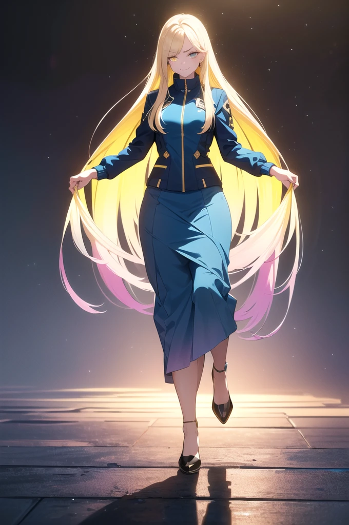 (blonde hair, very long hair, sidelocks), (eyes with a mix of yellow and blue irises:1.5), two-tone eyes, multicolored eyes gradient eyes, white and blue jacket with constellation prints, (best quality,4k,8k,highres,masterpiece:1.2), ultra-detailed, portraits, (HDR:1.1), (vivid colors:1.1), (studio lighting), (bokeh), (highly saturated colors), (soft lighting), (detailed background), (subtle shadows), (ethereal glow), (pastel color palette), (delicate details), (sublime beauty), (feminine charm), (crisp focus), (fine brushwork), (impeccable craftsmanship), (emotional depth), (captivating storytelling), (intriguing narrative), (impressive realism), (exceptional artistry), (masterpiece-worthy), (awe-inspiring), blonde hair, very long hair, sidelocks, (eyes with a mix of yellow and blue irises:1.5), (two-tone eyes:1.5), multicolored eyes (gradient eyes:1.5), white and blue jacket with constellation prints, metallic skirt, (smug:1.5), (smirk), naughty face, mischievous, futuristic clothing, science fiction setting, high-tech, glowing eyes, (unicursal hexagram-shaped irises), (full body:1.5)