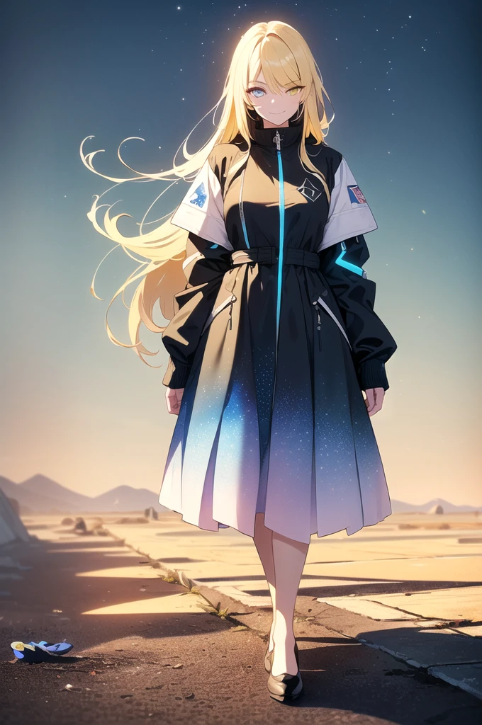(blonde hair, very long hair, sidelocks), (eyes with a mix of yellow and blue irises:1.5), two-tone eyes, multicolored eyes gradient eyes, white and blue jacket with constellation prints, (best quality,4k,8k,highres,masterpiece:1.2), ultra-detailed, portraits, (HDR:1.1), (vivid colors:1.1), (studio lighting), (bokeh), (highly saturated colors), (soft lighting), (detailed background), (subtle shadows), (ethereal glow), (pastel color palette), (delicate details), (sublime beauty), (feminine charm), (crisp focus), (fine brushwork), (impeccable craftsmanship), (emotional depth), (captivating storytelling), (intriguing narrative), (impressive realism), (exceptional artistry), (masterpiece-worthy), (awe-inspiring), blonde hair, very long hair, sidelocks, (eyes with a mix of yellow and blue irises:1.5), (two-tone eyes:1.5), multicolored eyes (gradient eyes:1.5), white and blue jacket with constellation prints, metallic skirt, (smug:1.5), (smirk), naughty face, mischievous, futuristic clothing, science fiction setting, high-tech, glowing eyes, (unicursal hexagram-shaped irises), (full body:1.5)