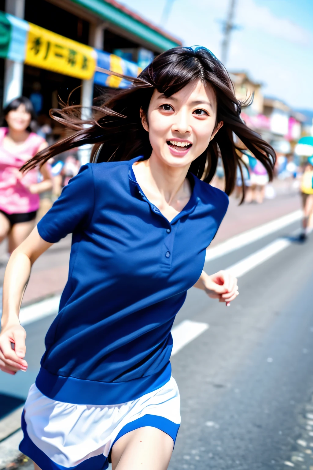 Masterpiece, 8K, high quality, high resolution, skinny Japanese woman, 30 years old, (detailed face, detailed eyes), running at full speed along the seaside street, a photo capturing a cool moment