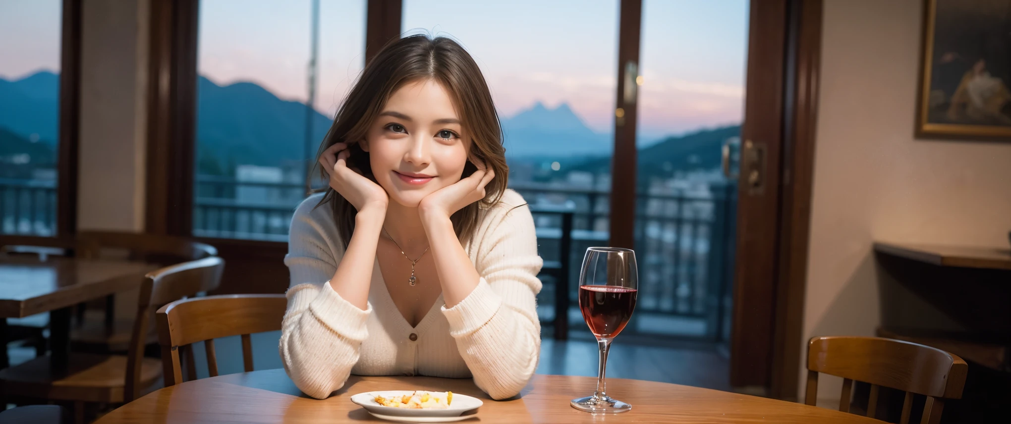 ((highest quality、8k、masterpiece:1.3))、Sharp focus:1.2、Beautiful woman perfect body:1.4、slimなボディ、((Bob Hale、Straight hair:1.2))、(to be born, highest quality, masterpiece:1.5), (Realistic, Intricate details:1.2), Ultra-high resolution, Please shine a light on my face、Amazing view of the sunset sky and clouds、Amazing mountain views、ニコニコ明るいsmile、wine glass、red wine 、Appetizers、Italian food、Wine bottle、Champagne、sparkling wine、, Beautiful Face, blue eyes, The light shines on your face, Blushing, short hair,Bright Face、Fox face、 (36 years old), 39 years old, Lady、Two beauties、Brown Hair、Shortcuts、Long sleeve shirt、dress、Pretty Woman 1, (slimな顔), (The body is slim), (Brown Hair), (Shortcuts), cheeks turn a little red,Attractive beauty、, Out of the window, A beautiful and detailed night view unfolds.........., restaurant, In a prominent place (From the waist up) Nova Frog Style, actress, model, Upper Body, White wine, slim, wine glass, 真ん中に置かれたwine glass, smile, (smile: 1.15), Beautiful fine grain, Depth f/2,saturation, High Contrast, Strong light and shadow,Moist Body:1.5、3D texture、Delicate eyes、Brown Hair、The hair is very shiny、