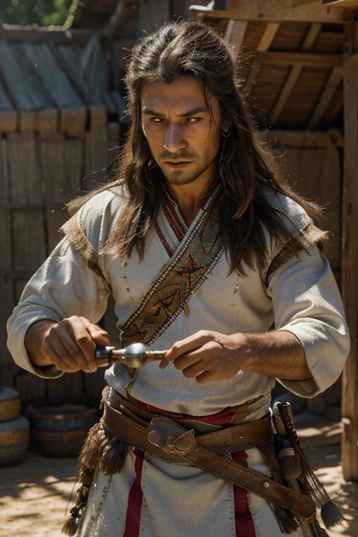 realistic, highly detailed painting of a Turkic tribe, with bright flowers, sharp focus, and studio lighting. Focuses on a group of nomadic warriors., showing off his traditional clothes, weapon, and riding skills. The warriors had strong expressions, with piercing eyes and complex facial hair. The action takes place in a vast meadow., with hills and clear blue sky in the background. Lighting highlights the dynamic energy of the tribe., casting soft shadows and highlighting the texture of their clothing and the horses' manes..