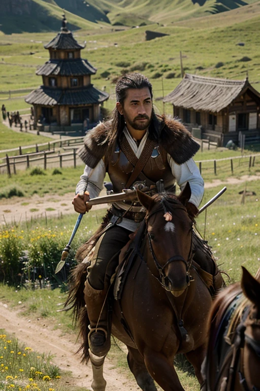 realistic, highly detailed painting of a Turkic tribe, with bright flowers, sharp focus, and studio lighting. Focuses on a group of nomadic warriors., showing off his traditional clothes, weapon, and riding skills. The warriors had strong expressions, with piercing eyes and complex facial hair. The action takes place in a vast meadow., with hills and clear blue sky in the background. Lighting highlights the dynamic energy of the tribe., casting soft shadows and highlighting the texture of their clothing and the horses' manes..