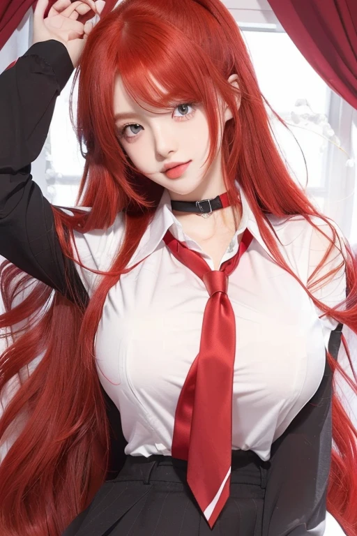 Cute girl with red hair and white shirt and red tie, rias gremory, seductive cute girl, cute girl with long hair, beautiful cute high school girl, she has red hair,