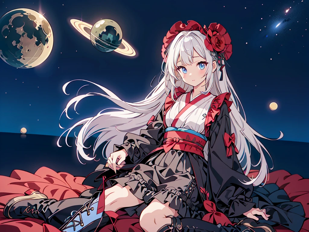 Star Fairy、(masterpiece, best quality), 1girl, sitting on the crescent moon、「A beautifully printed galaxy patterned kimono and gothic lolita outfit.、Space pattern box pleated mini skirt with ruffles、Front view portrait、Knee-high boots、enchanting eyes、Perfect and stunning face、exquisite details、clear image、highest quality。」Milky white and light blue gradient long straight hair、