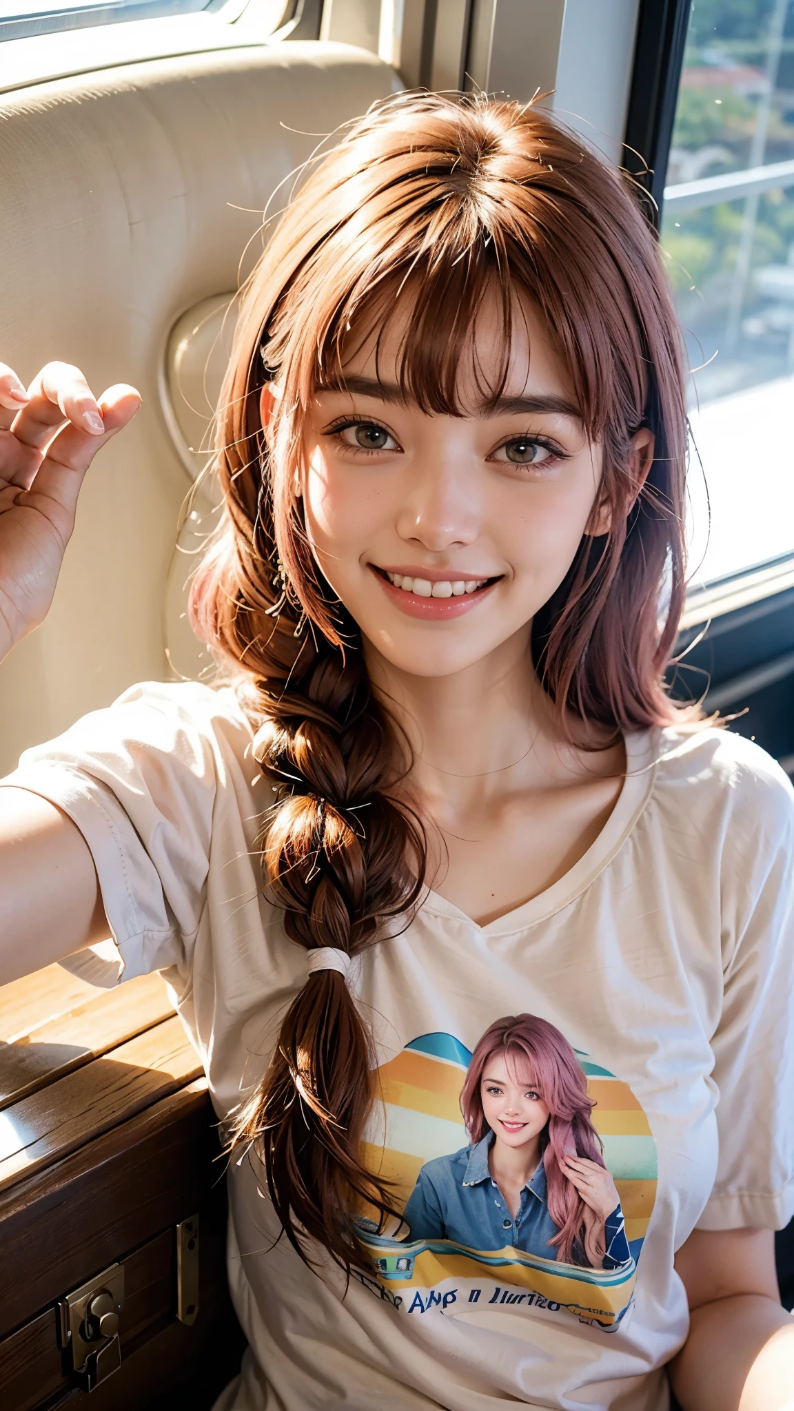 highest quality, masterpiece, Ultra-high resolution, (Realistic:1.4), (Close-up portrait) RAW Photos, 1 girl,20-year-old,((I'm showing my teeth and smiling)),((Big smile)),((Inside the Shinkansen)),((look up)),((Random cute poses)),,((Passionate pink-haired girl )),Braided Hair,((Pure white T-shirt)),Messy Hair,((Cap Chestnut)),((Short bangs)),Realistic,Picture Media Chest)),