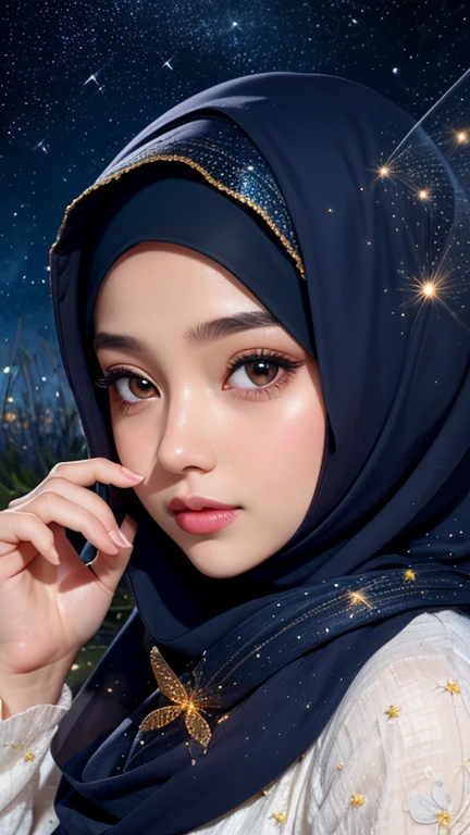 Create a gorgeous hijab girl in a stunning scene of starry night full of fireflies, she is like an angel, give more attention in a detail of face and hijab and finger.