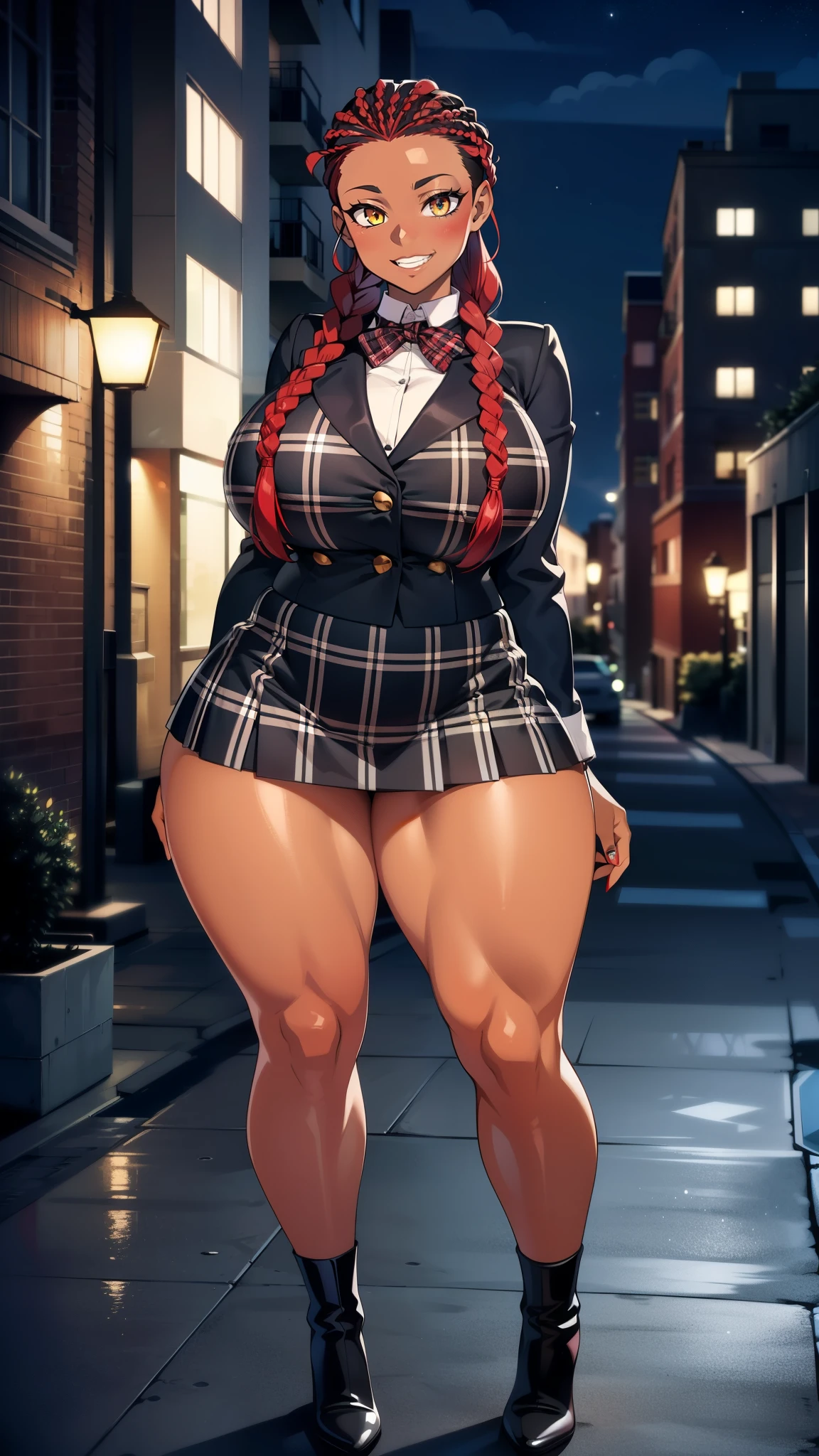 4K Quality, grinning, sexy pose, (black plaid skirt), standing up, ((black and red braids)), (dark skinned), thick thighs, big breasted, big ass, looking at viewer, (amber eyes), night time, (outside penthouse),full body, (city background), perfect face, perfect body, perfect eyes, full lips,