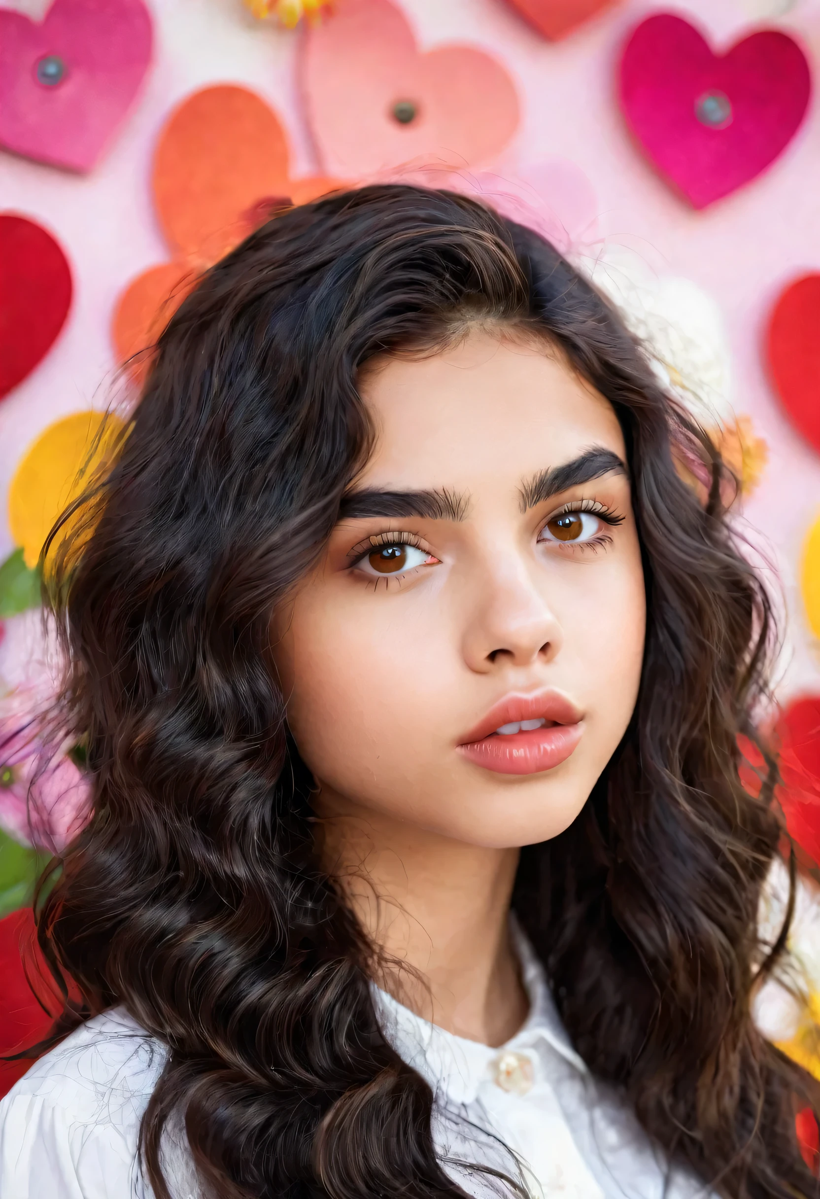 girl, wavy black hair with slanted brown eyes,cara redonda blanca,big heart lips and button nose on a spring background