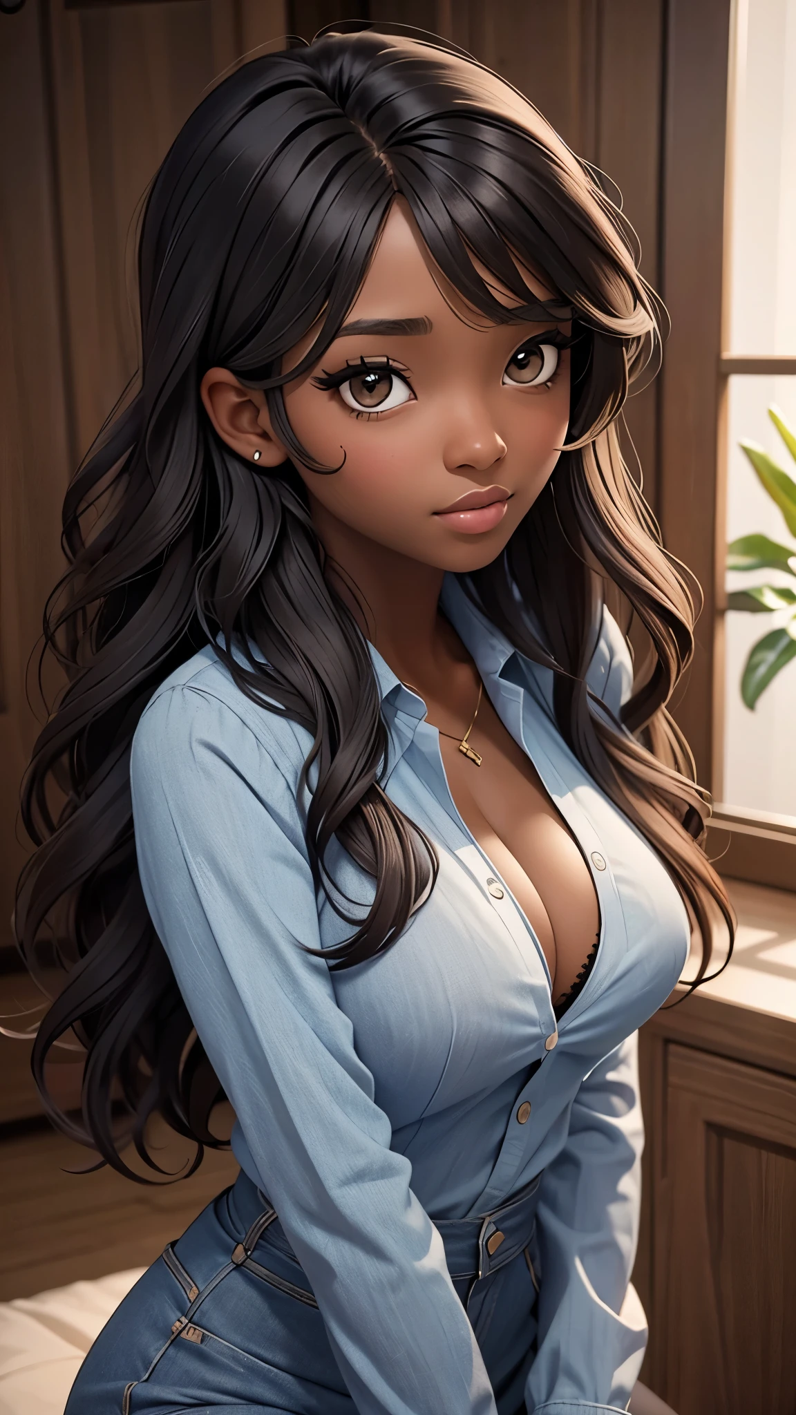 (masterpiece, best quality), deep ebony 1girl, beautiful face, wavy hair