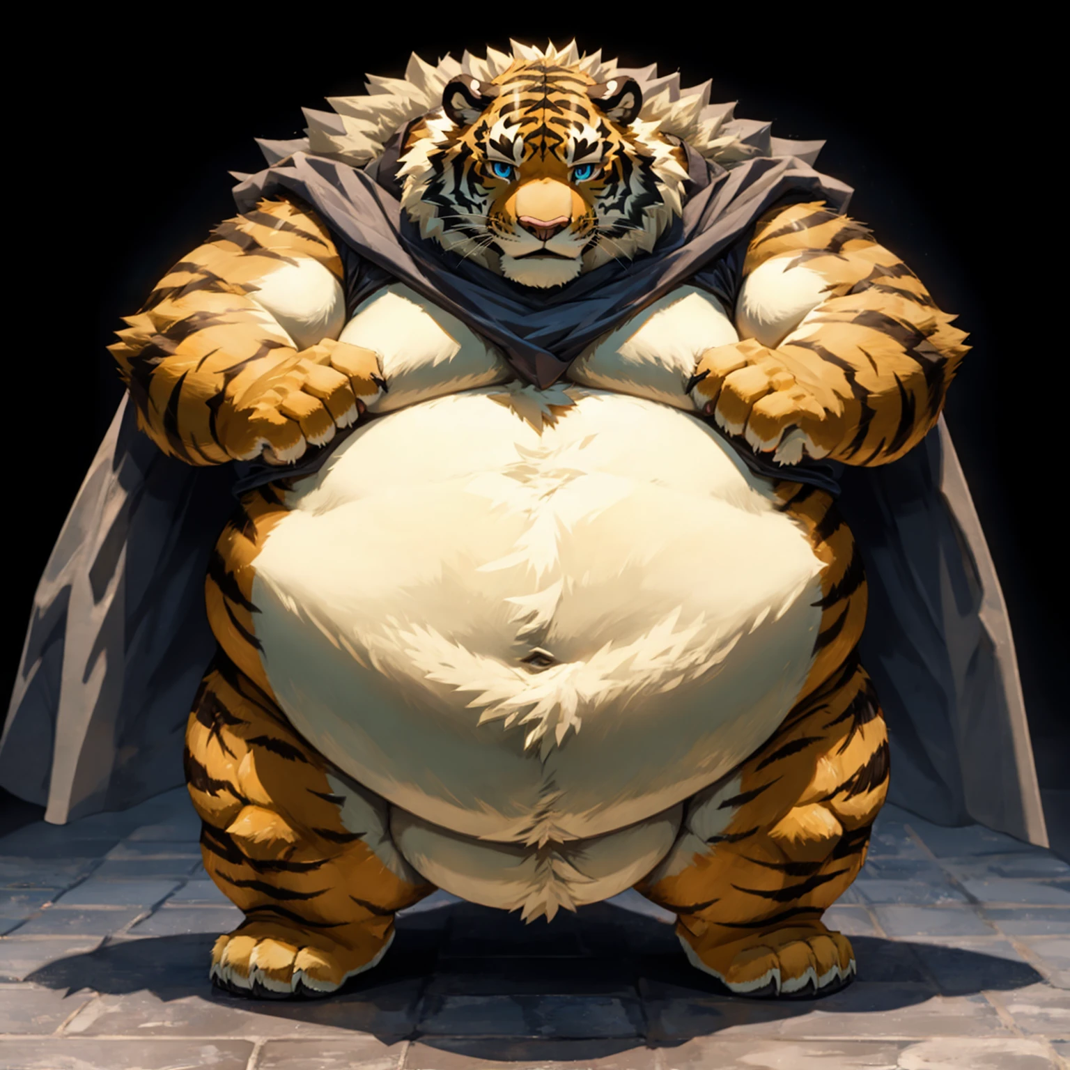 Very obese tiger、Wild ferocious tiger、Animal golden tiger body、Shaggy body hair、A glittering mane、Very short legs、Sideways body、Big blue anime eyes、A body covered with a lot of fat、Abnormally obese head、Fatty cheeks、A lot of fat on the neck、A belly so obese it covers the ground、Fat gap、Abdomen swollen enough to touch the ground、A huge, mountain-like swollen abdomen、Abnormally fat arms、Overweight and flabby legs、A body that seems to be crushed by a huge abdomen、A body that fills the screen、Bear's short tail、Very displeased look、Very angry look、Thick steam、Lots of pubic hair、Lots of chest hair、A lot of belly button hair、Lots of belly hair、Very thick hair all over the body、Angle looking up from below、Thick Tongue、saliva、A situation in a dilapidated stable、Shabby wooden stables、All fours pose、Pose with both knees on the ground、