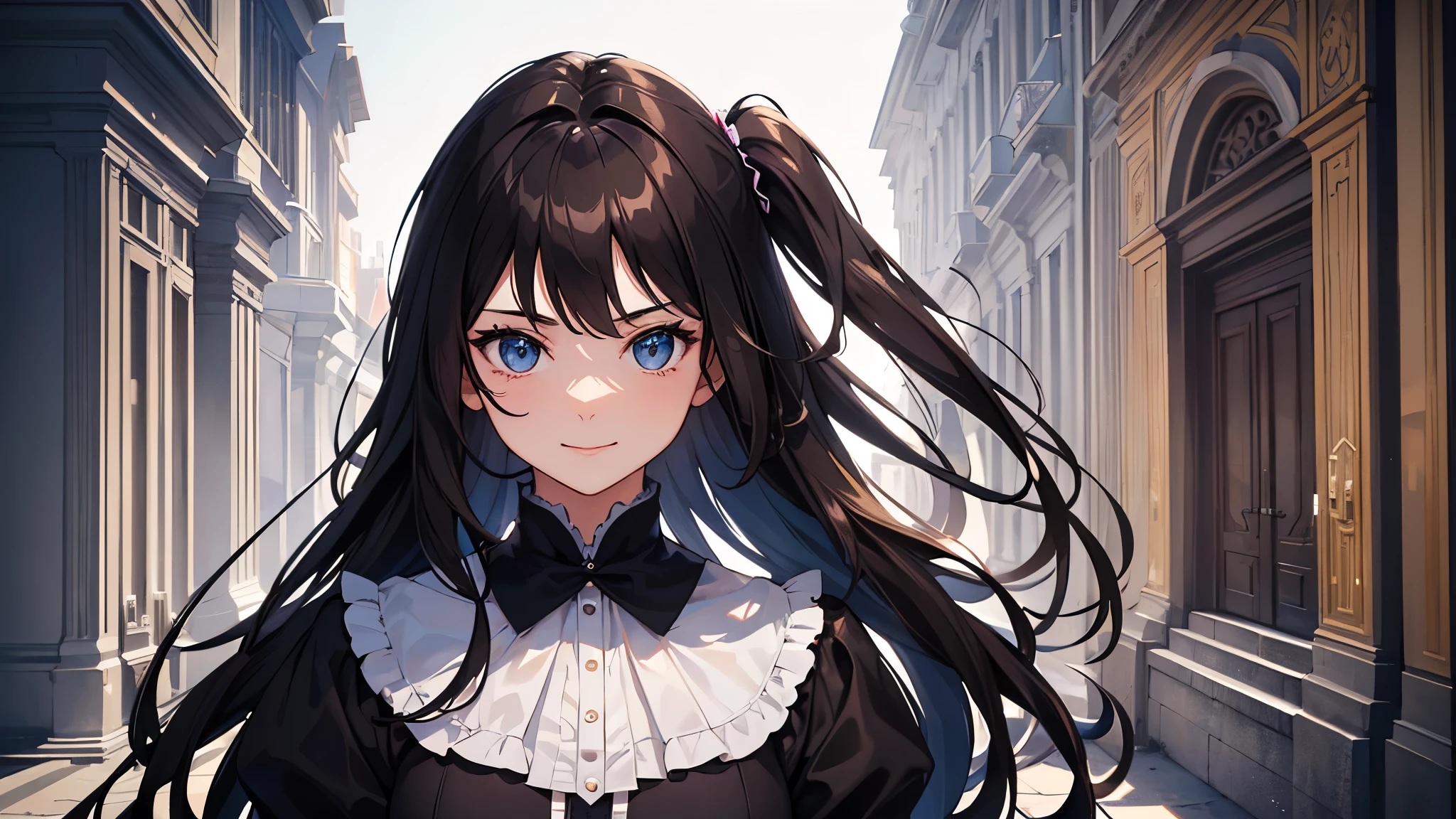 (masterpiece, highest quality, Very detailed, Best Shadow), (Beautifully detailed face), High Contrast,1girl,only,young woman,Dark brown hair,Straight Long Hair,Side Tail,Blue, clear eyes, Dark blue assassin suit, French Revolution Theme, Confident emotion mood, smile, 3D, Realistic, High resolutionR, High resolution, background, RTTX 10.0, 2k,